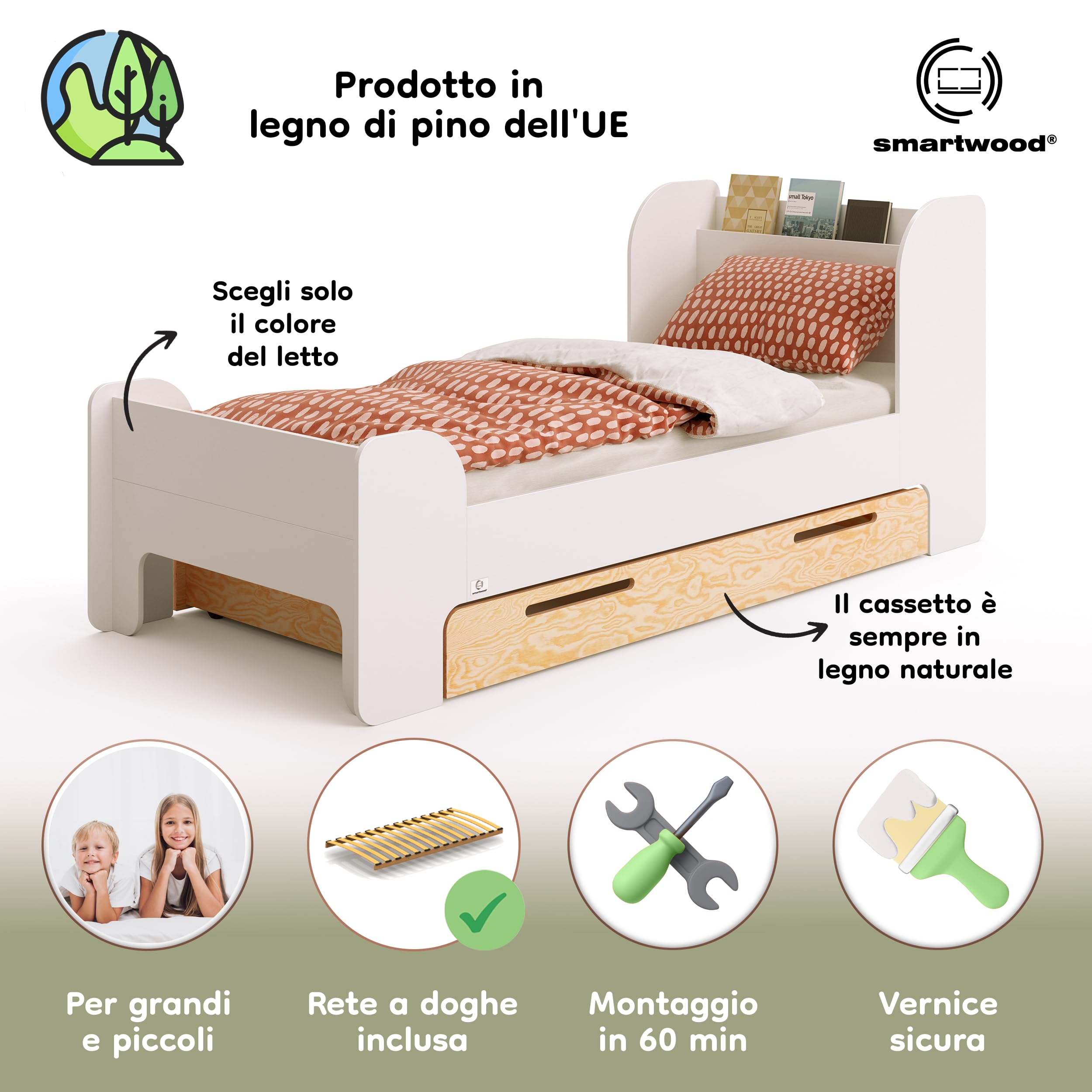 smartwood Letto Bambino 90x200 cm con Cassetto, in Legno, Bianco, Flou D | incl. Cassetto, Testiera con Ripiano, Rete fino a 230 kg, in Legno di Pino FSC, Letto per Ragazze & Ragazzi dai 3 anni