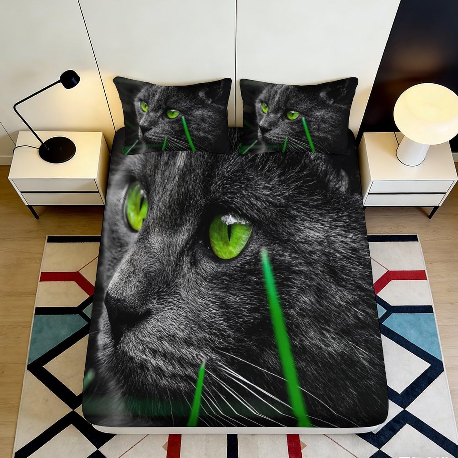 3D Printed Green Eyed Cat Fitted Sheet Microfiber Soft Anti-Slip Animal Face Bed Cover for Bedroom Guest Room Decor 90x200x25cm