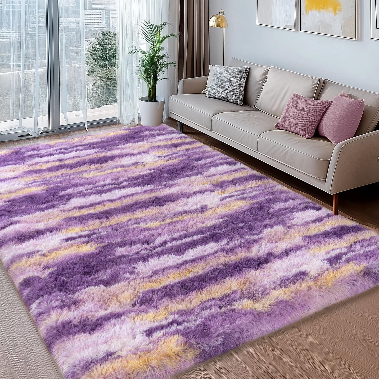 Photo 1 of Ailyei Shag Rugs for Bedroom, 4x6 Abstract Purple Soft Fuzzy Rugs for Living Room, Fluffy Shaggy Plush Carpet Girls Kids Room Dorm Upgrade Non-Slip