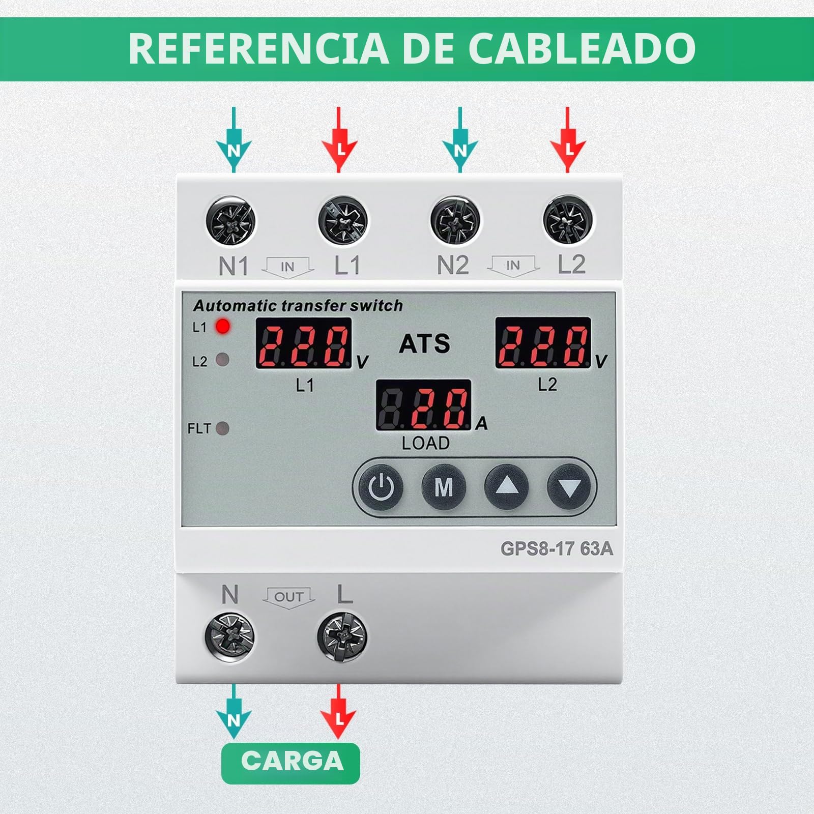 Jadeshay Interruptor de Transferencia Automática, 2P 63A 220V ATS Conmutador Automático Doble Fuente LCD Digital de Voltaje Corriente con Protección contra Sobretensión Subtensión para Fotovoltaico