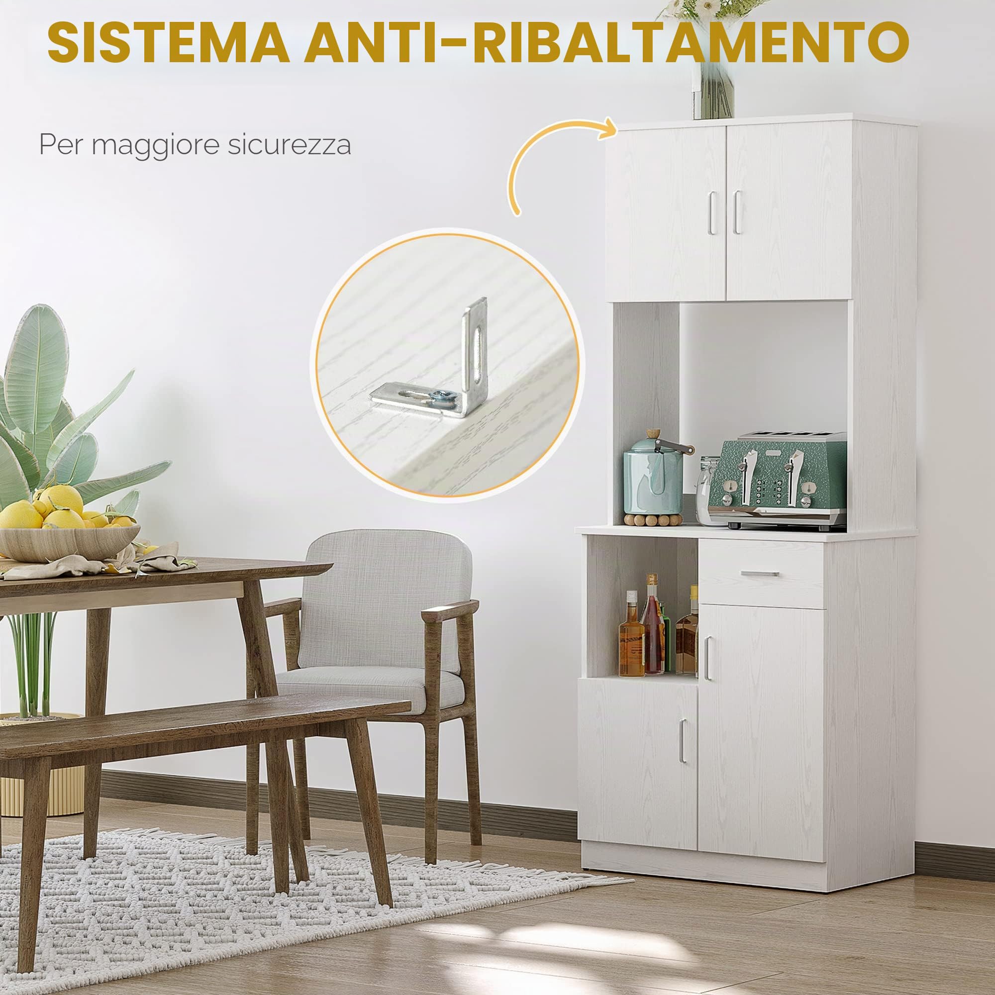 HOMCOM Buffet da cucina multi-storage 4 ante 71x41x178 cm Bianco | Armadio da cucina, 1 cassetto, ripiano + vassoio grande, MDF