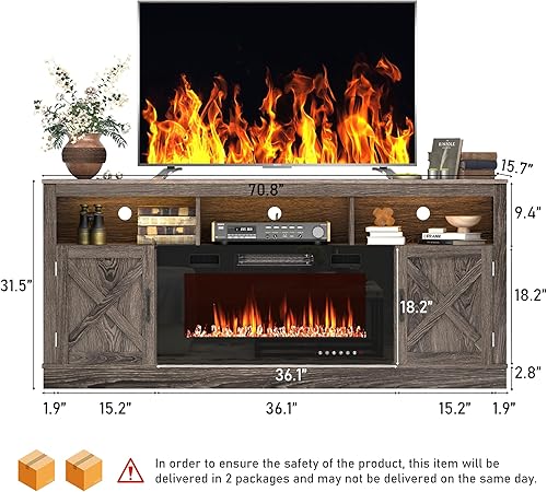 Miniatura 32 de Soporte de TV con chimenea de granja para TV de 70/75/80 pulgadas, centro de entretenimiento de 32 pulgadas de alto con chimenea eléctrica de 36