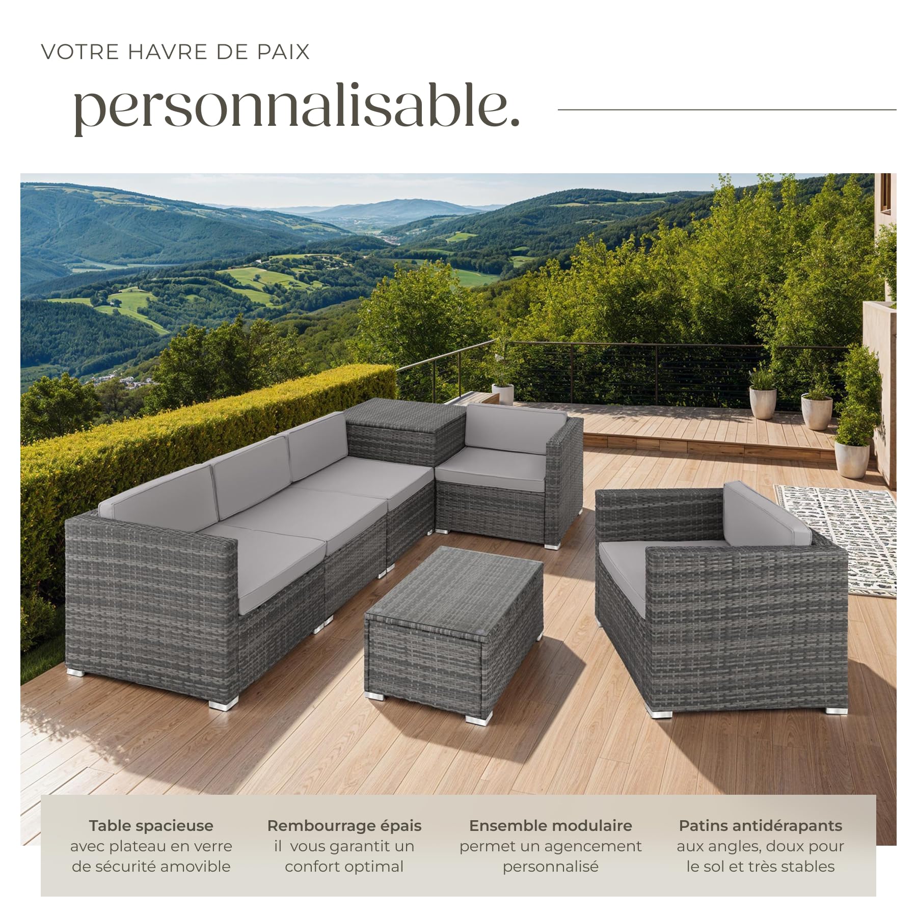 TecTake® Salon de Jardin Exterieur 5 Places en Resine Tressee Modulable 5 Fauteuil Jardin Coffre de Rangement et Table en Verre Inclus pour Amenagement Balcon Terrasse - Gris