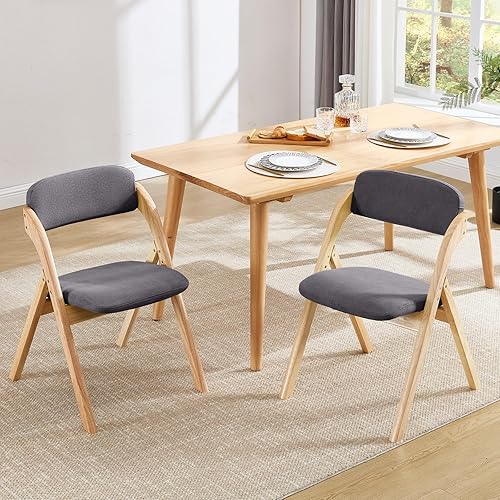 Miniatura 2 de Paquete de 4 sillas plegables con cojín, sillas de comedor plegables acolchadas de lino, sillas plegables portátiles de madera cruda para comedores,