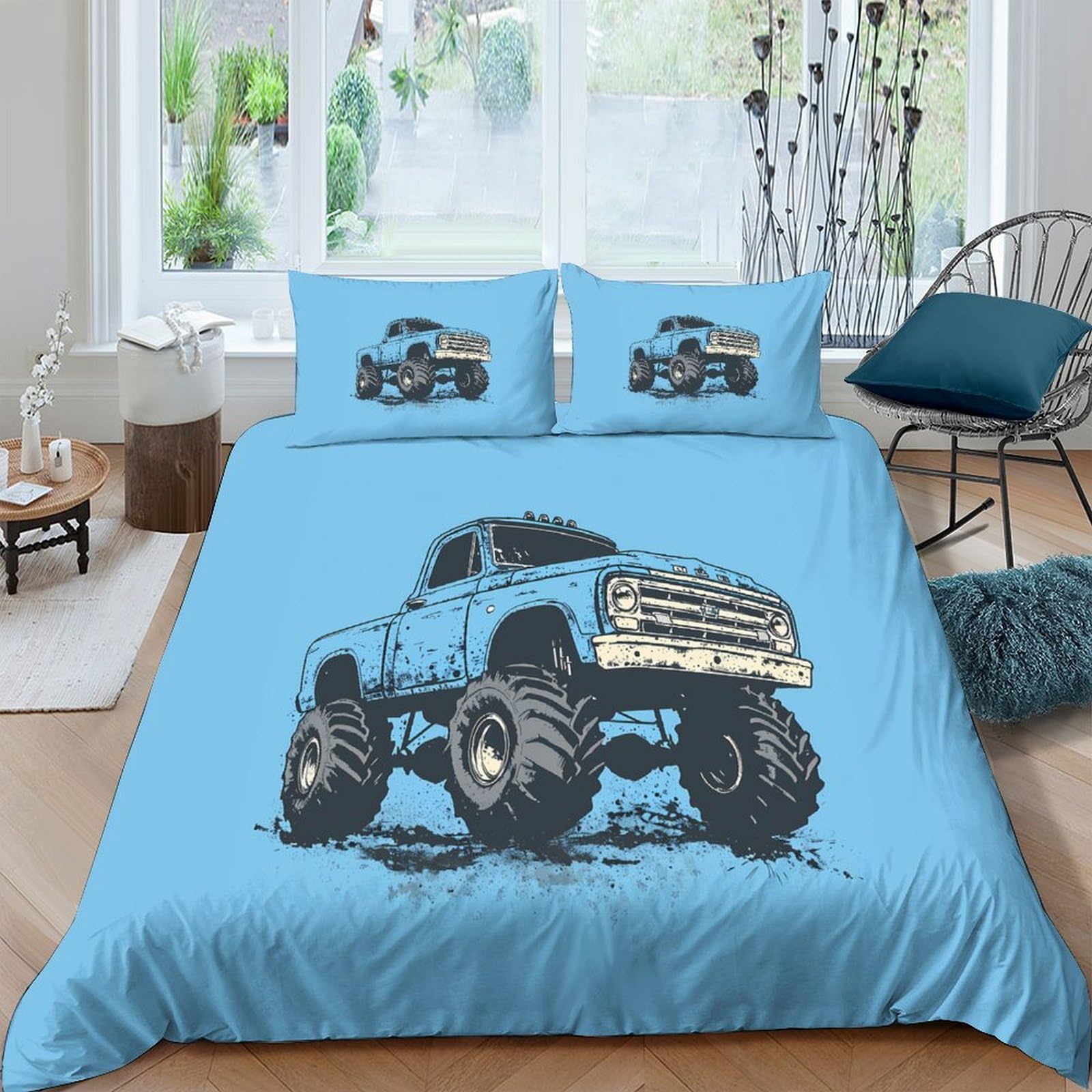 Ctjqhvkz Style-1 3D Printed Blue Monster Truck Fitted Sheet Microfiber Soft Durable Off-Road Bed Cover For Bedroom Dorm Mattress Protection Single（135X200cm）