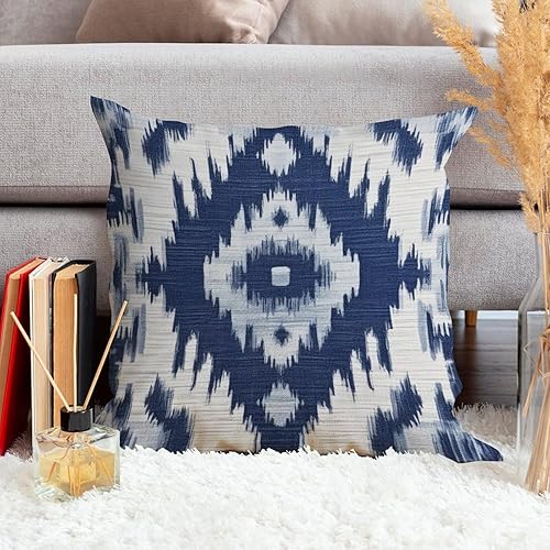 Miniatura 3 de MangGou Funda de almohada de lino con cremallera estilo bohemio morisco, azul índigo, gris, kilim turco Ikat, blanco, funda de almohada decorativa