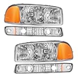 Headlight Assembly for 1999-2006 GMC Sierra 1500 Chrome Replacement Headlamp Compatible with 00-06 Yukon/Yukon XL 1500 2007 Sierra 1500 Classic OE Headlights Amber Reflector Chrome Housing