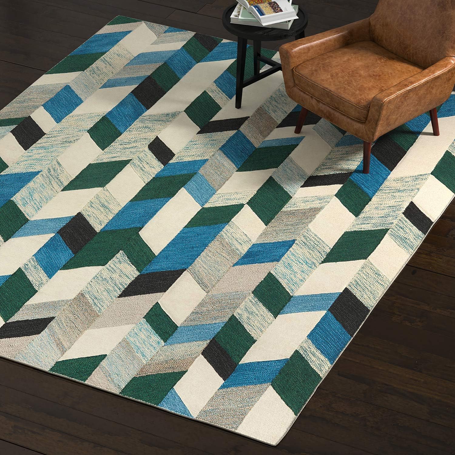 Amazon Brand Rivet Modern Chevron Wool Area Rug, 8 x 10 Foot, Blue, Green, Ivory