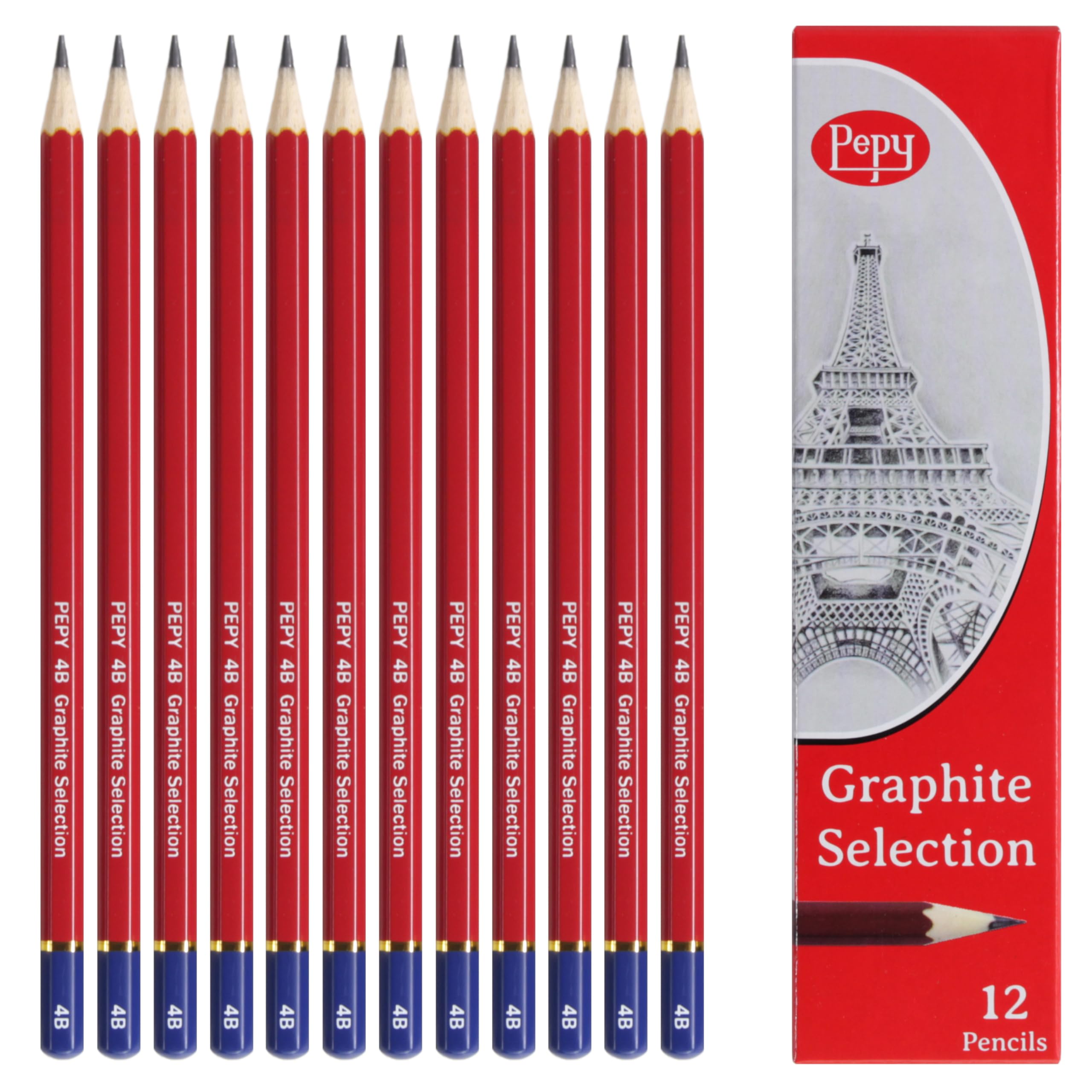 Pepy Graphite Professional Drawing Pencils - Set of 12 4B Pre-Sharpened Black Lead Pencils; Perfect for Drawing, Sketching and Shading, Graphic and Fine Art Set of 12 - 4B Black