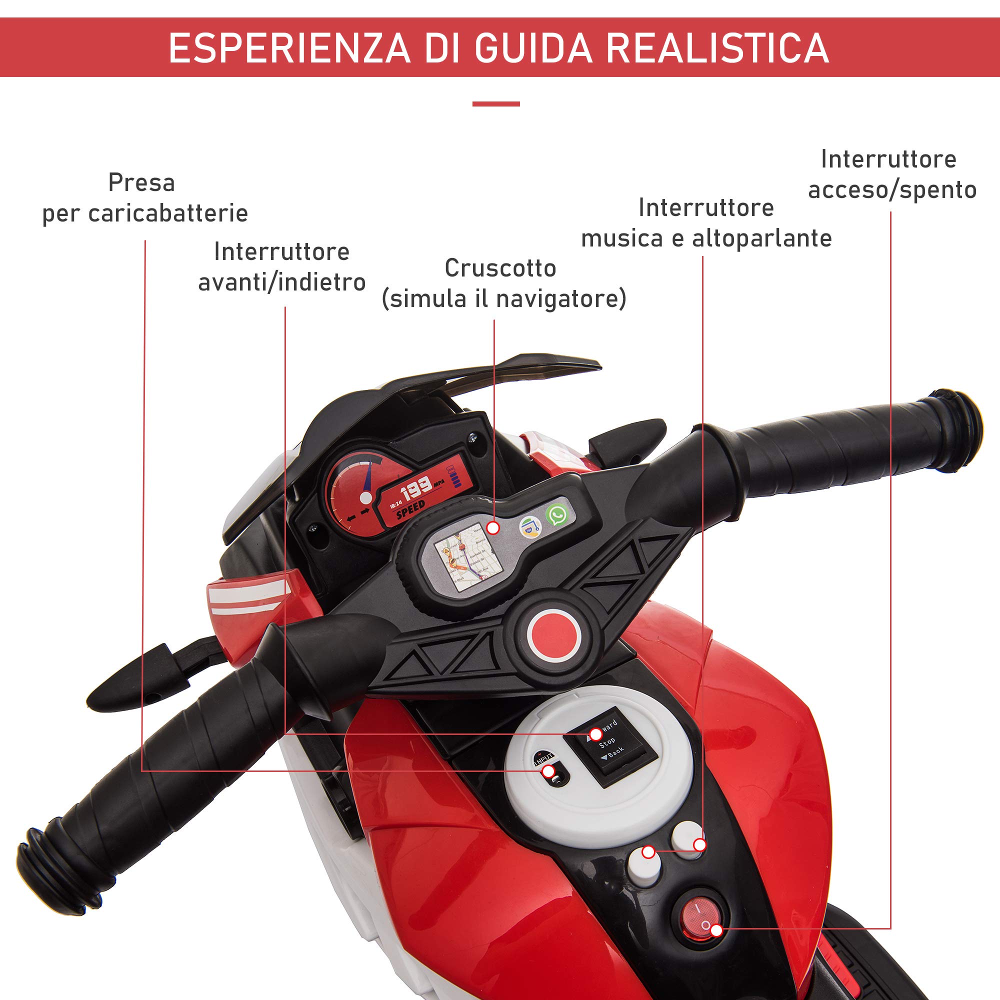HOMCOM Moto Elettrica per Bambini 3-5 Anni Max. 25kg con Luci, Musica, Batteria 6V e Velocità 3km/h, 86x42x52 cm, Rossa