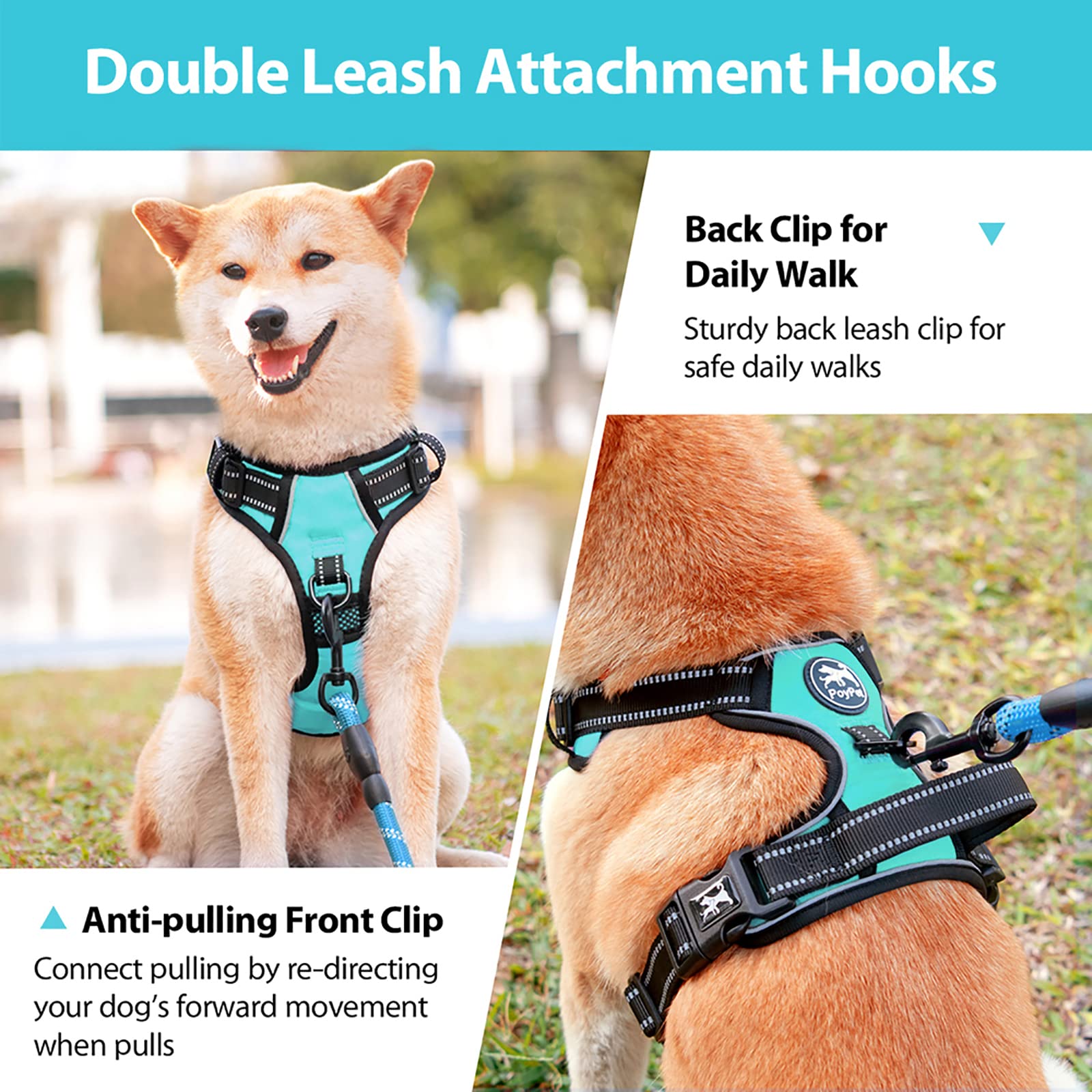 PoyPet No Pull Dog Harness with Neck Release Buckle, Reflective No-Choke Harness with 2 Leash Clip - Image 3
