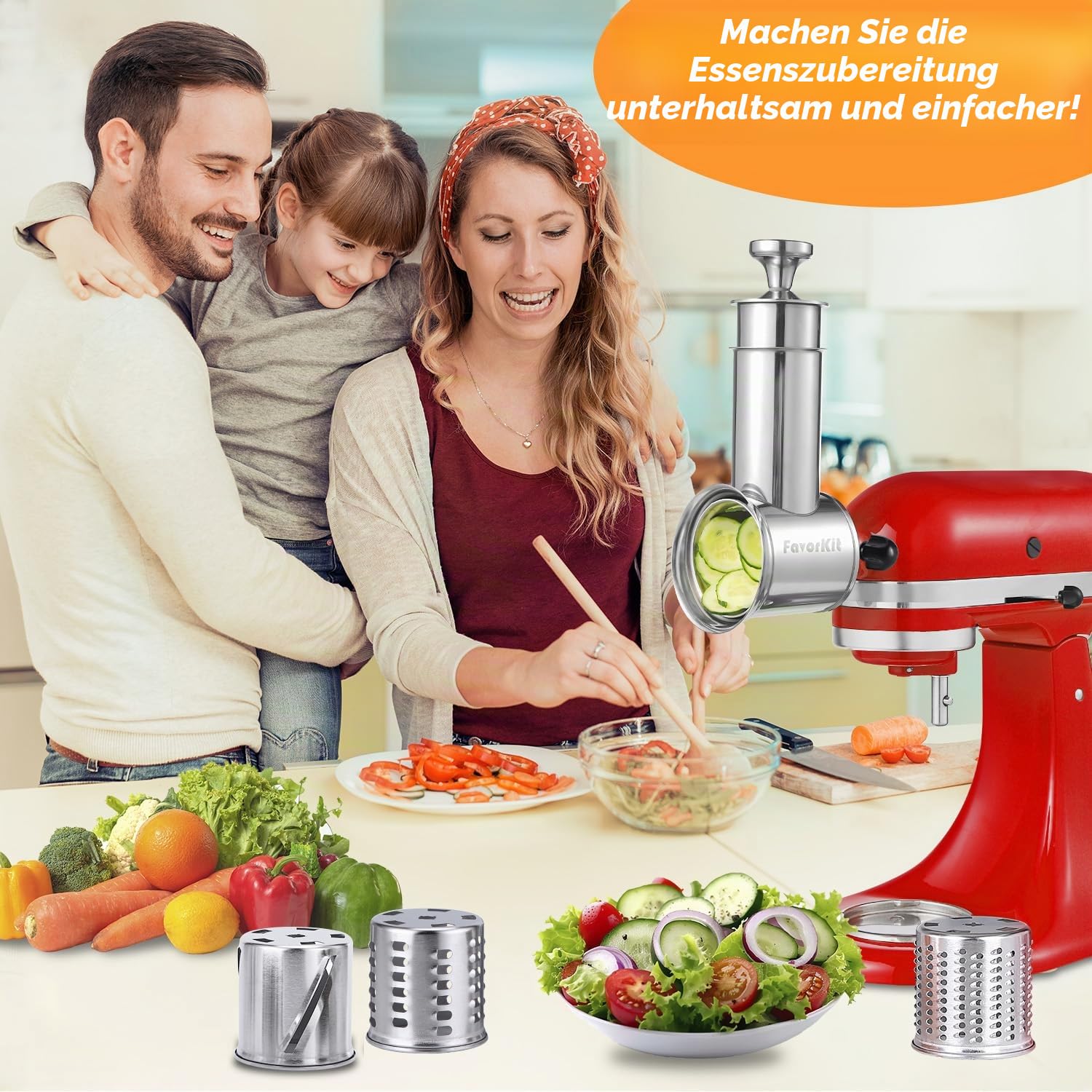 FavorKit Fresh Prep Slicer Shredder Aufsatz für KitchenAid Standmixer, Edelstahl, große Salatmaschine, Käsereibe, Zubehör mit 3 dicken Klingen, spülmaschinenfest