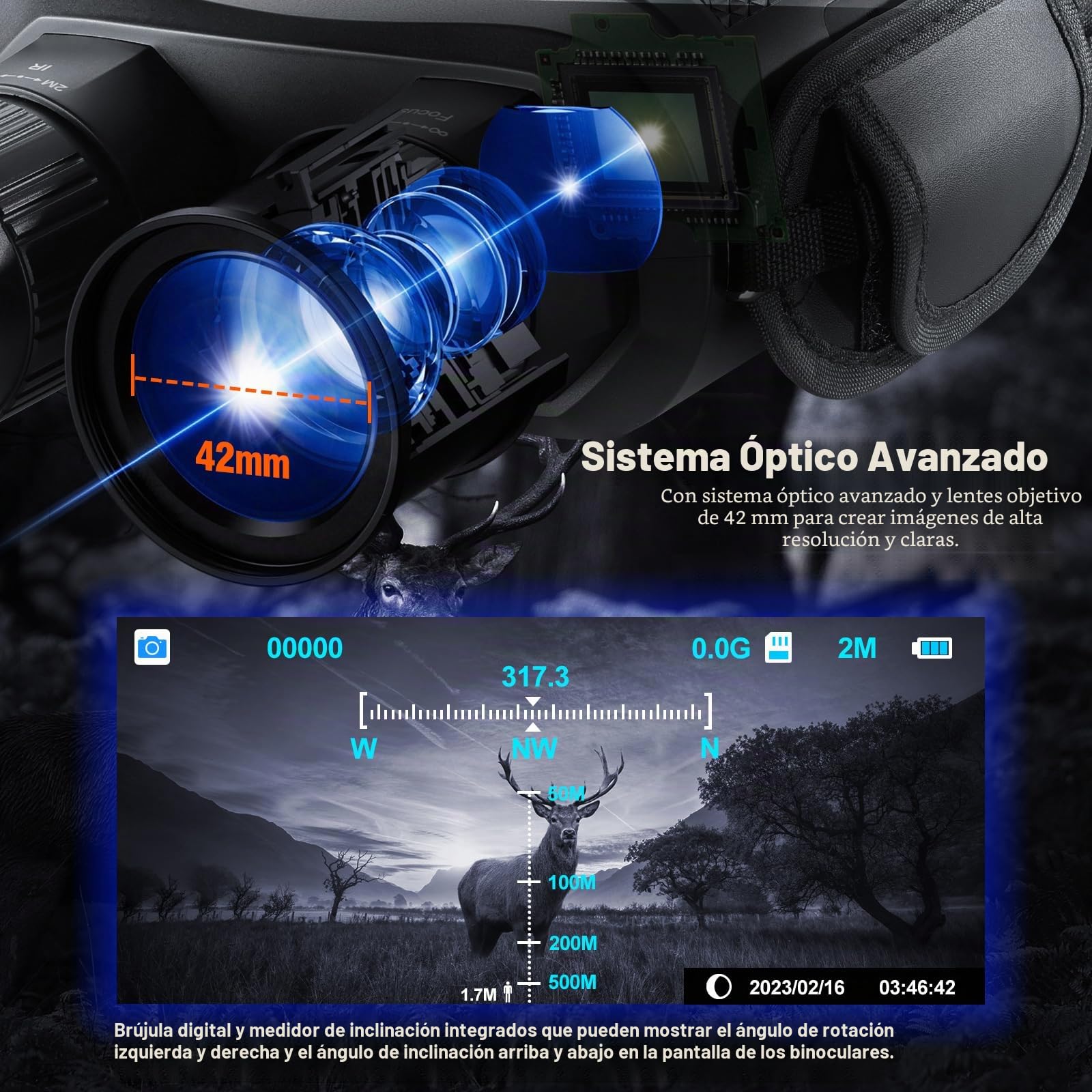 Prismáticos de Visión Nocturna HD con Pantalla de 4", Batería Recargable 7000mAh, Largo Alcance 800m, Objetivo de 42mm, Zoom 5X, Óptica Digital para Observación de Fauna, Camping y Rescate