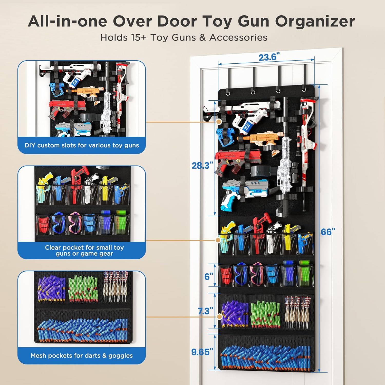 Over the Door Organizer for Toy Guns, Toys Storage Door Hanger with Pockets and Slots for Kids Foam Blasters, Darts, Goggles, Over Door Toy Guns Storage Organizer, for Kids Rooms, Game Rooms, Black
