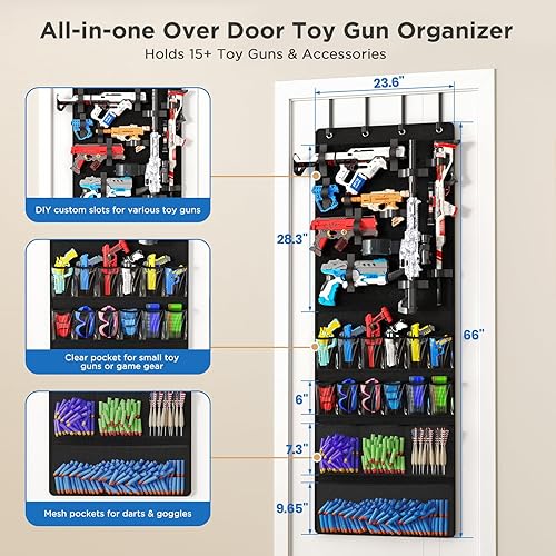 Miniatura 4 de Organizador sobre la puerta para pistolas de juguete, colgador de puerta con bolsillos y ranuras para lanzadores de espuma, dardos, gafas para