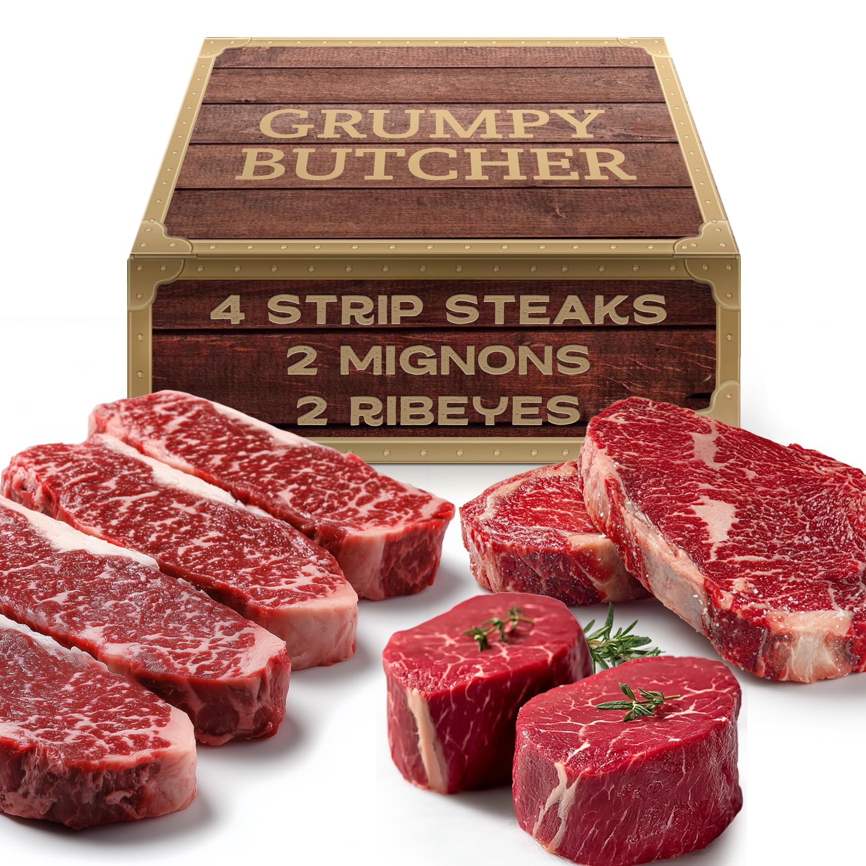 Grumpy Butcher 8 Steaks Premium Set - 4 NY Strips (10 oz), 2 Ribeye Steaks (12 oz), 2 Large Beef Filet Mignon Steaks (8 oz) - Steakhouse Quality Meat Gourmet Gift Basket