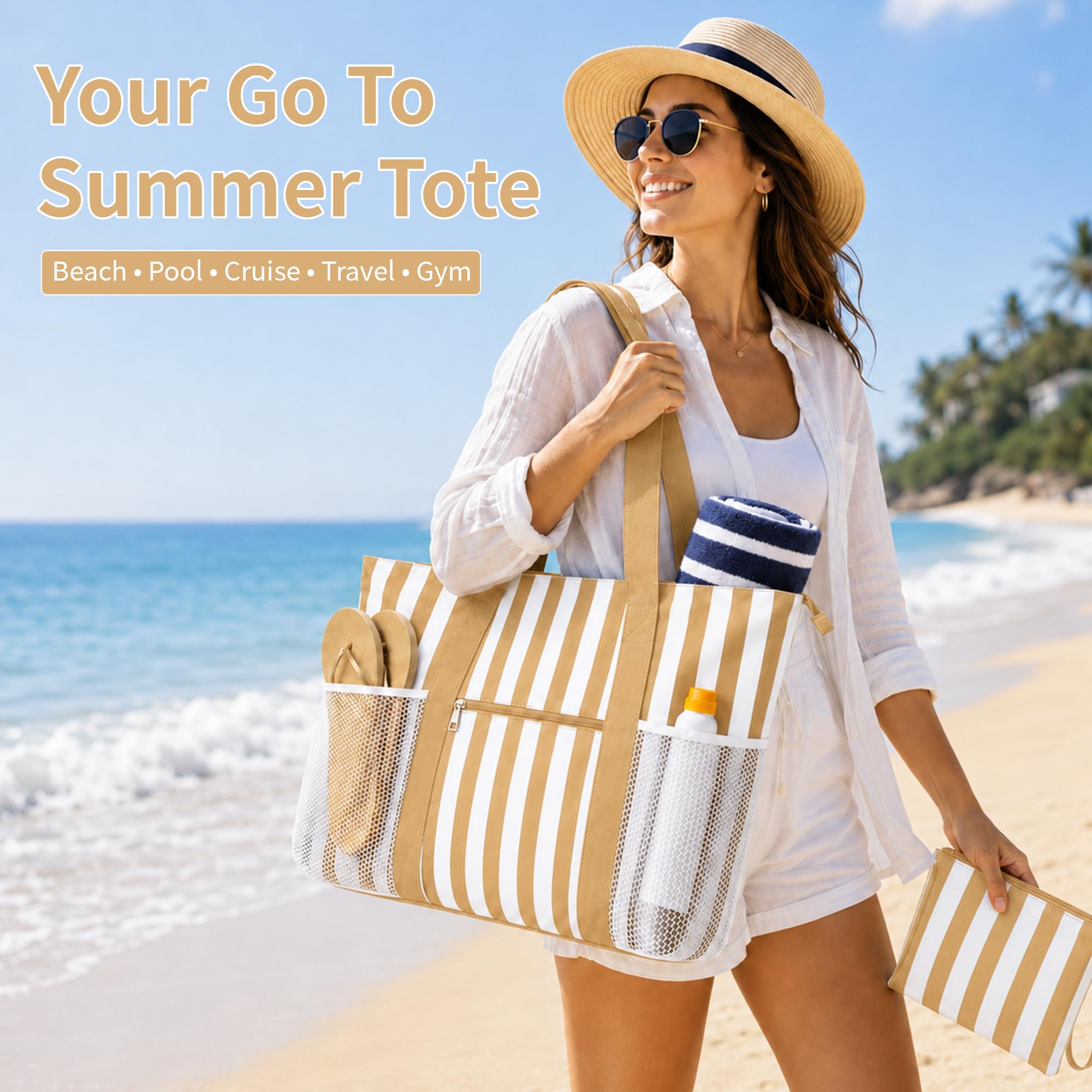 TAHAVICE Sac de plage pour femme avec fermeture éclair, grand sac de plage XXL famille