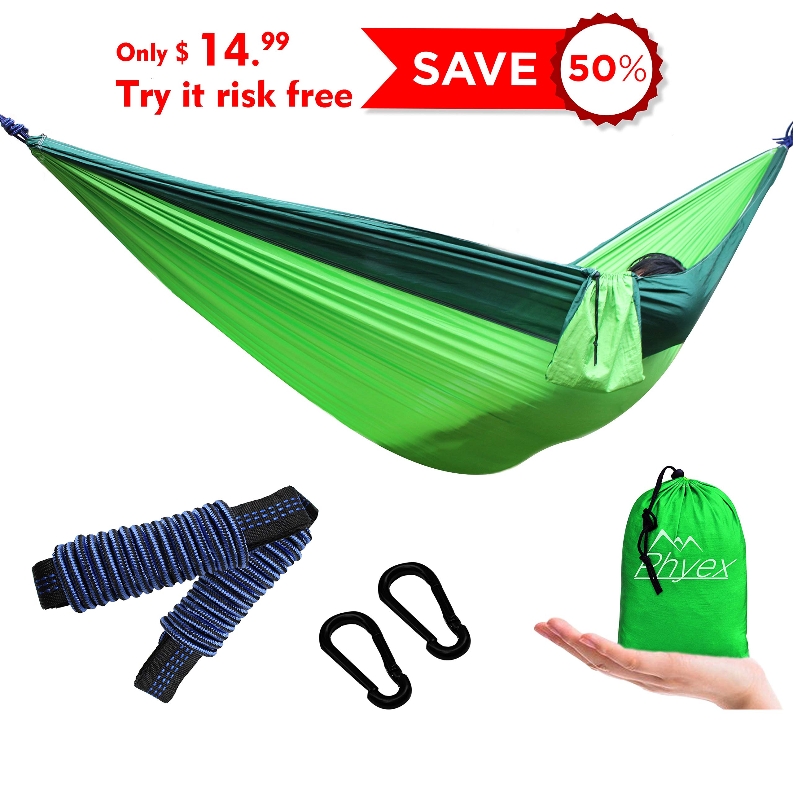 PHYEX Double Camping Hammock - Lightweight Hammock for Camping, Travel, Hiking, Beach, Yard. Fit 2 Person, 118" (L) x 78" (W) (XL,Green)