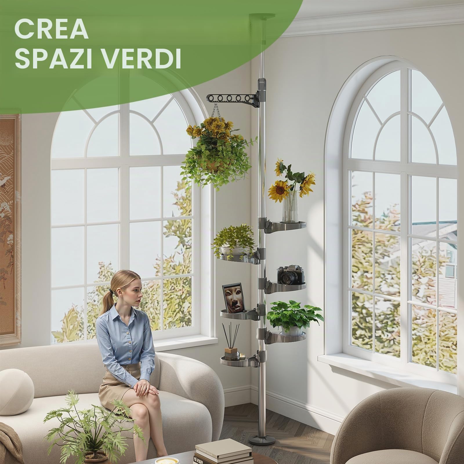 BAOYOUNI Supporto Porta Piante Telescopica da Interno Portavasi Scaffale Portafiori a 7 Ripiani Espositore per Fiori Scaffalatura in Metallo, Altezza Regolabile 230 - 290cm, Grigio