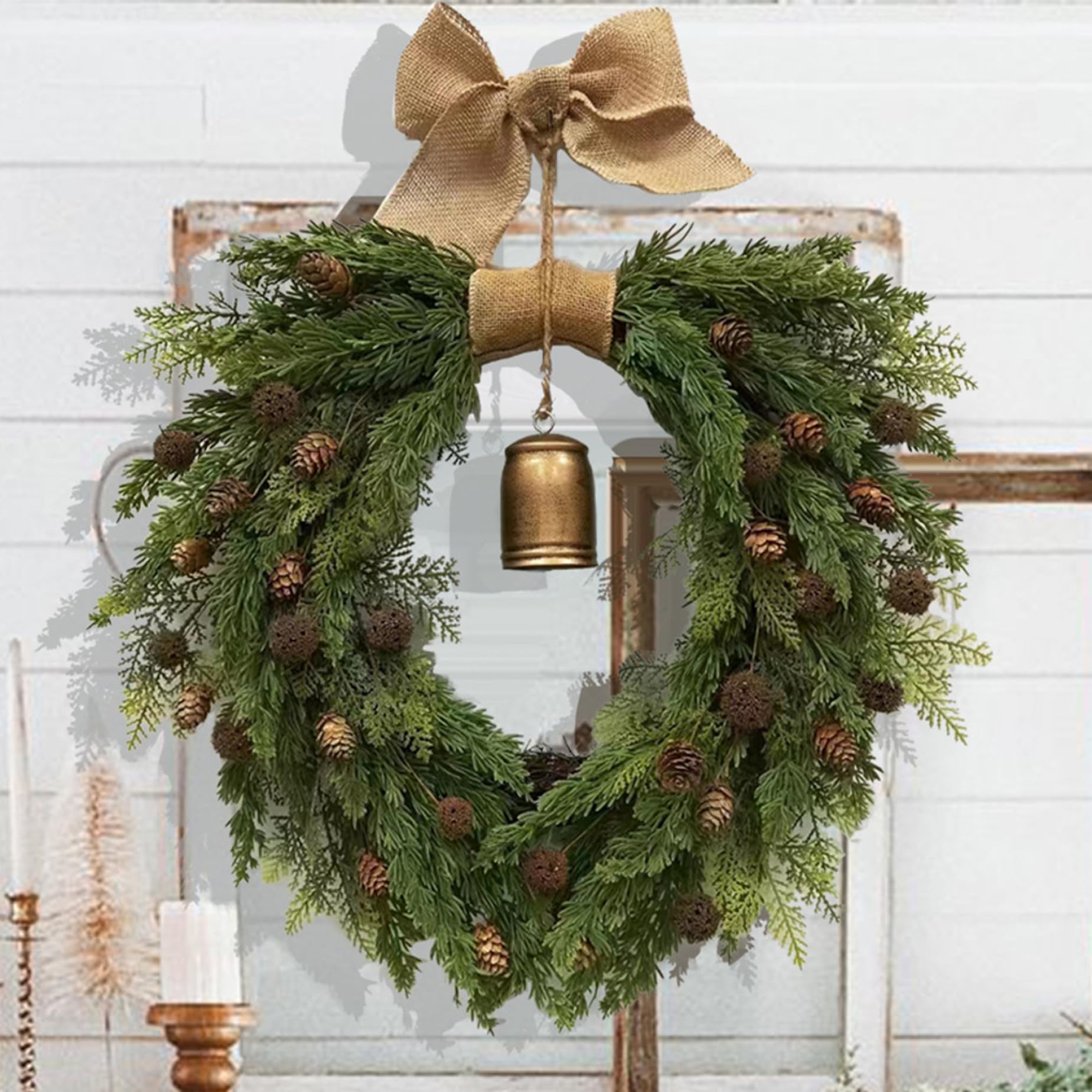 20" Artificial Realistic Christmas Wreath, Easy Hanging Wreath with Bells Bows Pinecones