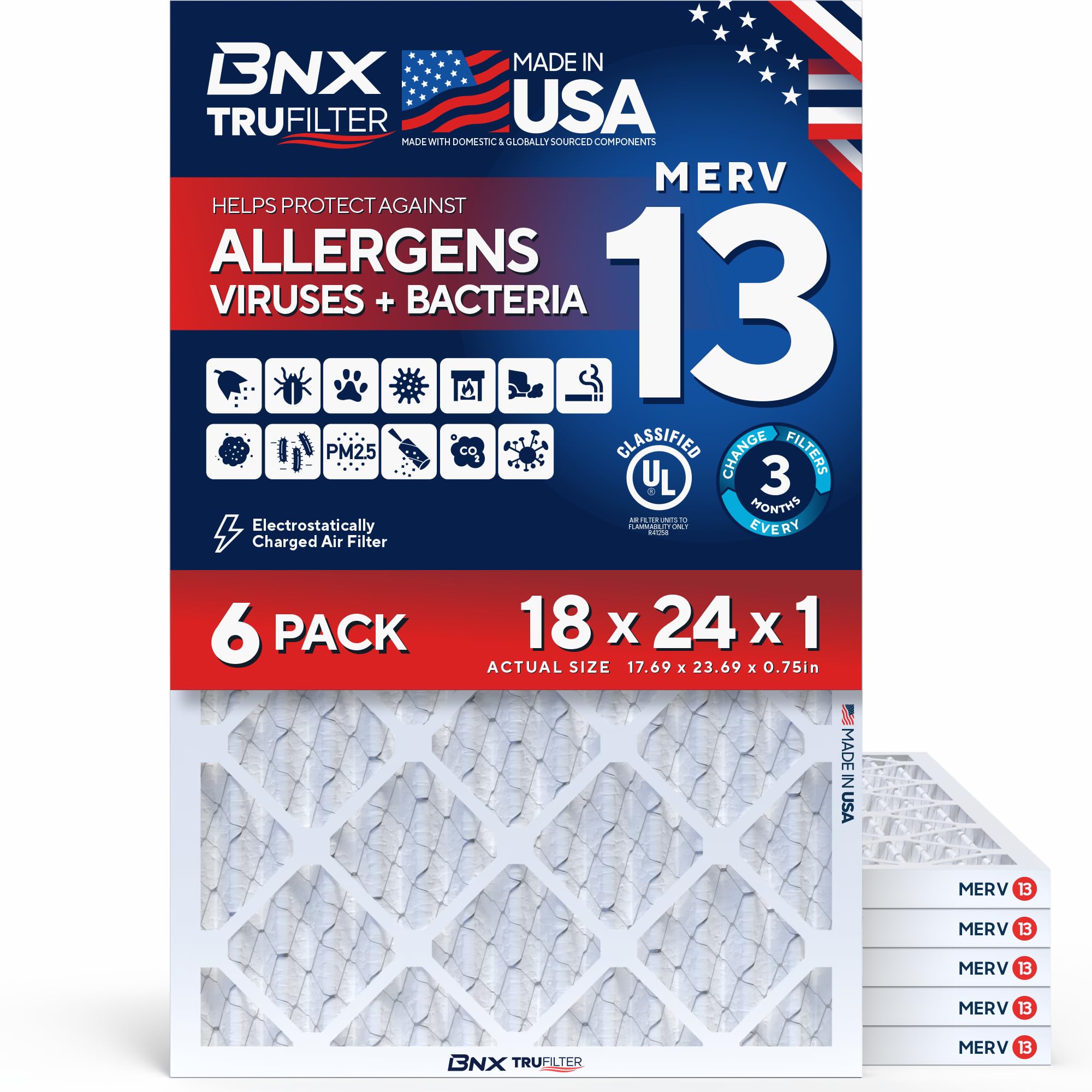 BNX TruFilter 18x24x1 Air Filter MERV 13 AC Filter, HVAC Furnace Filter, 6 Pack (ACTUAL SIZE 17.69"x24.69"x0.75") Allergies, Dust, Pet Dander & Smoke - MADE IN USA - MPR1500 / FPR 10