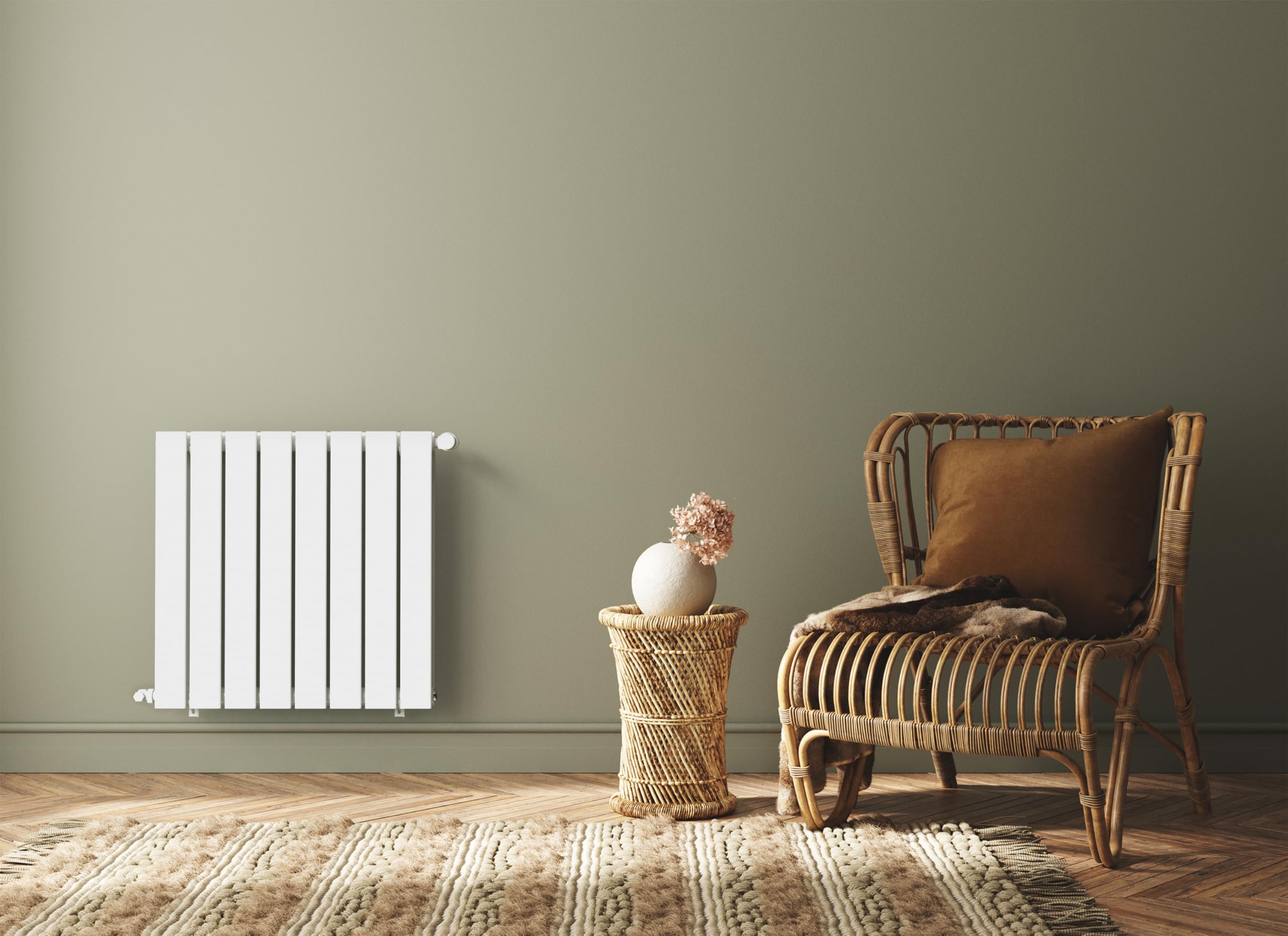 Radiateur blanc mural eau chaude horizontal en acier double lame | 60 x 60 cm 883 Watt chauffage central | 4 raccordements 15x21 (1/2) série NYTIA by NOYON & THIEBAULT