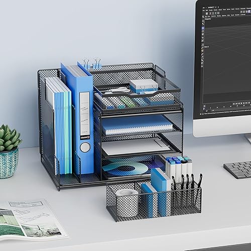 Miniatura 2 de Egepon Organizador de escritorio de oficina con soporte vertical para archivos, organizador de bandeja de papel de malla de 4 niveles con soporte