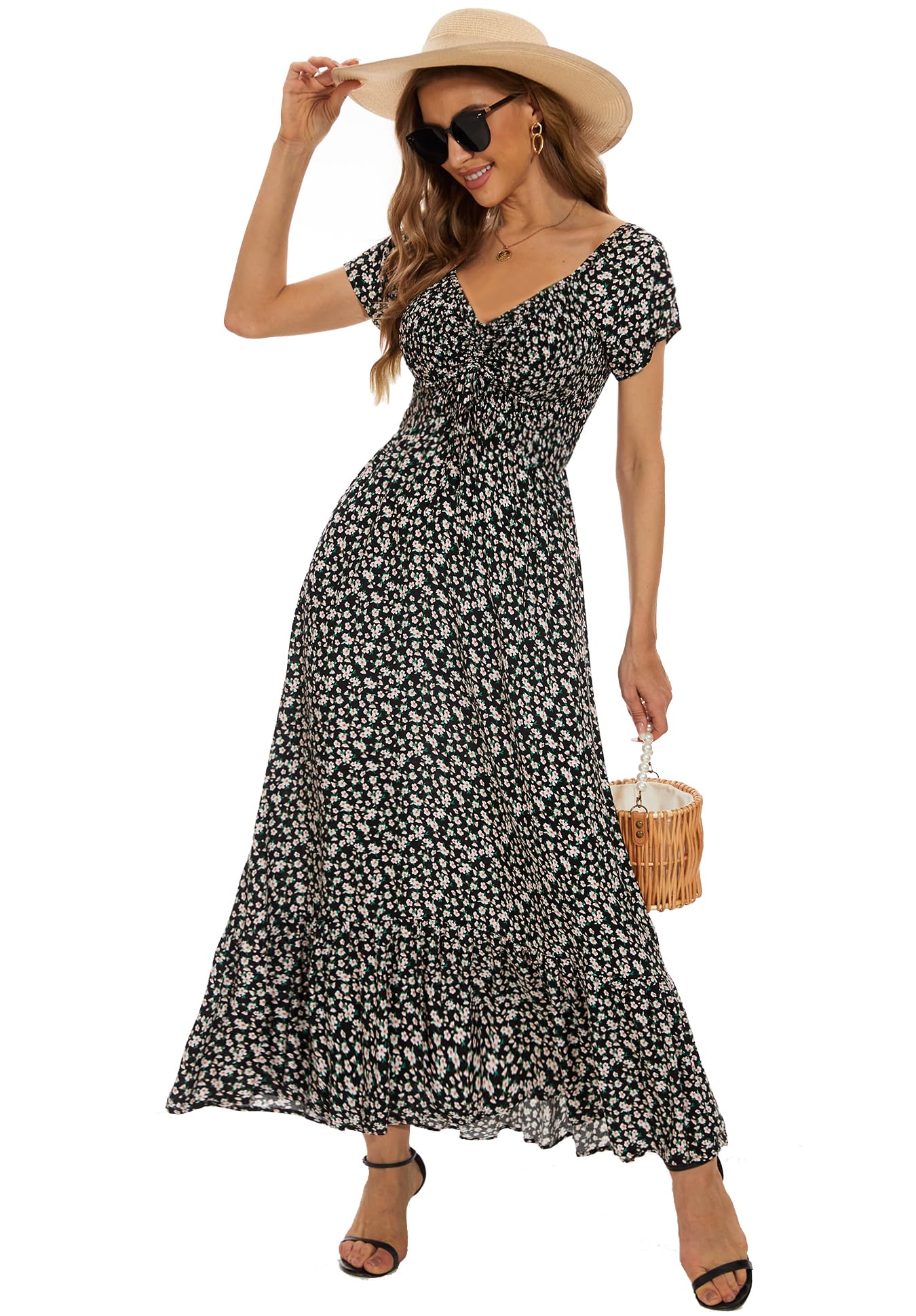 Summer Floral Smocked Maxi Dress for Women 2026 Casual Flowy Tiered A Line Boho Beach Party Long Dresses with Short Sleeve