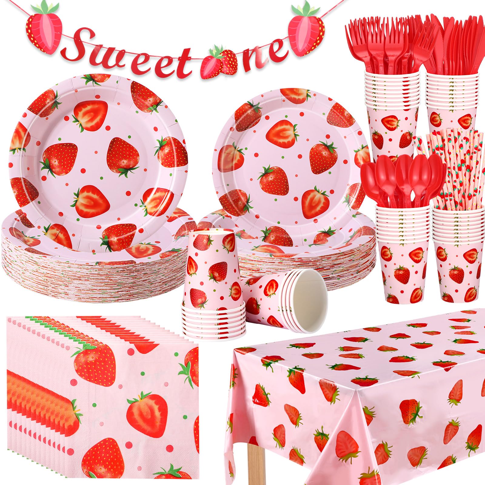 Sawysine 202 Pcs Strawberry Party Supplies Disposable Dinnerware Set 50 Plates 25 Cups 25 Napkins 25 Plastic Forks 25 Knives 25 Spoons 25 Straw Flag