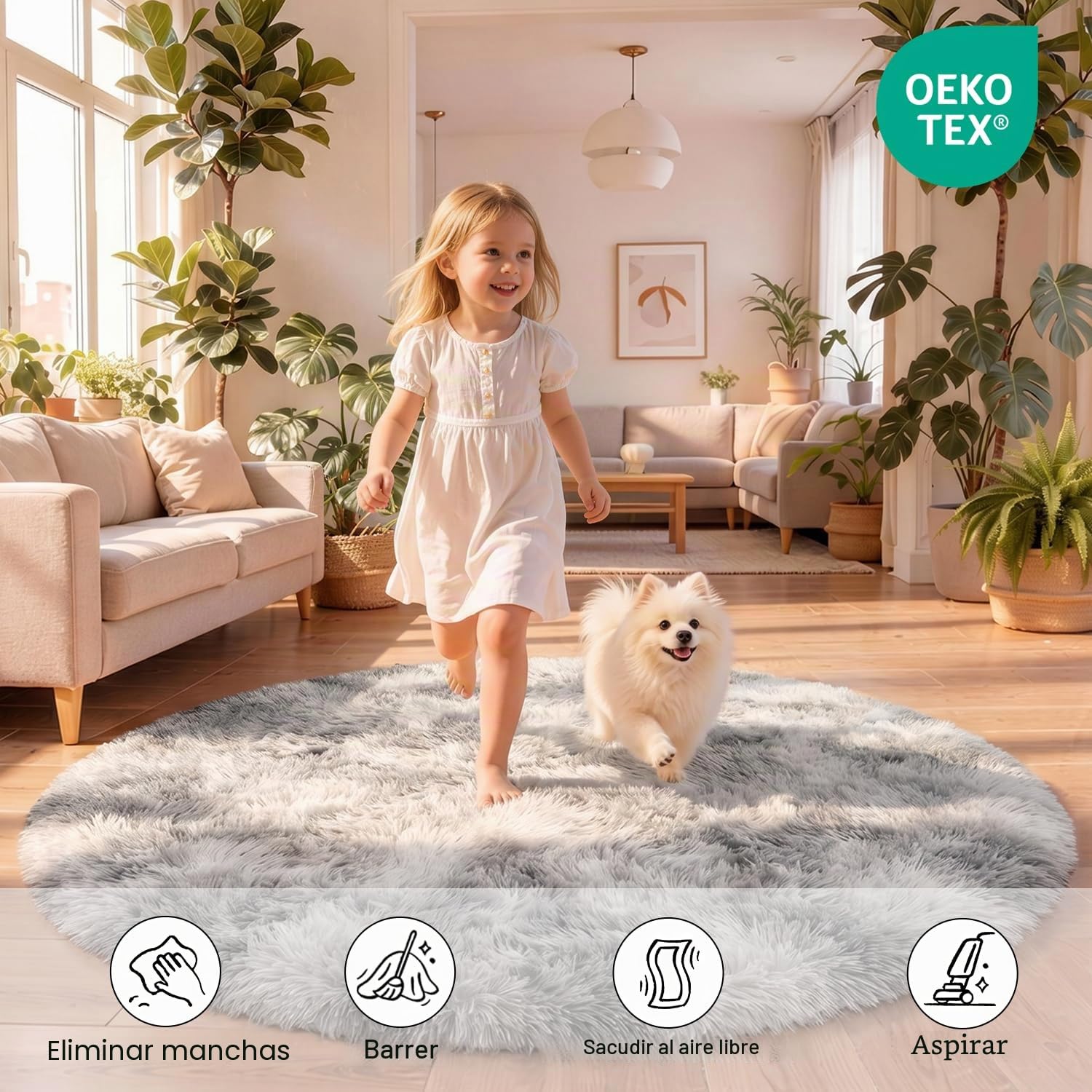 Alfombras Salón Redonda Pelo Largo Alfombra Habitación Dormitorio Lavables Alfombra Antideslizante Muy Suave para salón o Dormitorio, Alfombra esponjosa de Cama(Gris Claro,Ø 120 cm Ronda)