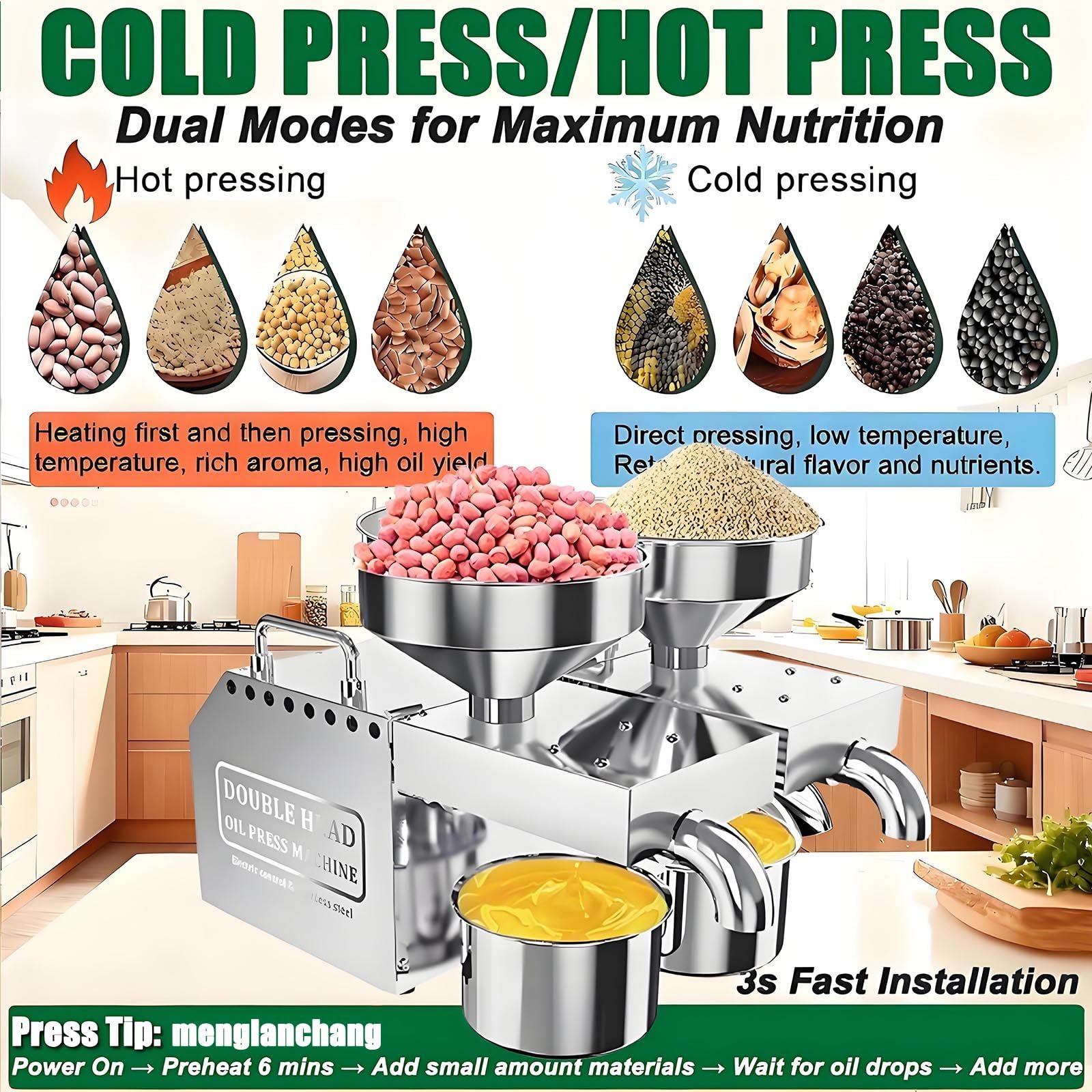Doppelkop-öLpresse,Zwei AusläSse, Edelstahl-öLpresse FüR ErdnüSse, Mandeln, Sesam, Sonnenblumenkerne, Hohe Ausbeute Und GeräUscharm