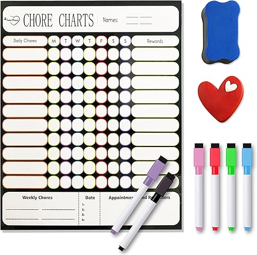 Tabla semanal de tareas infantiles para niños, tabla magnética de tareas para refrigerador, 15 x 11.5 pulgadas con 6 marcadores de borrado en seco,