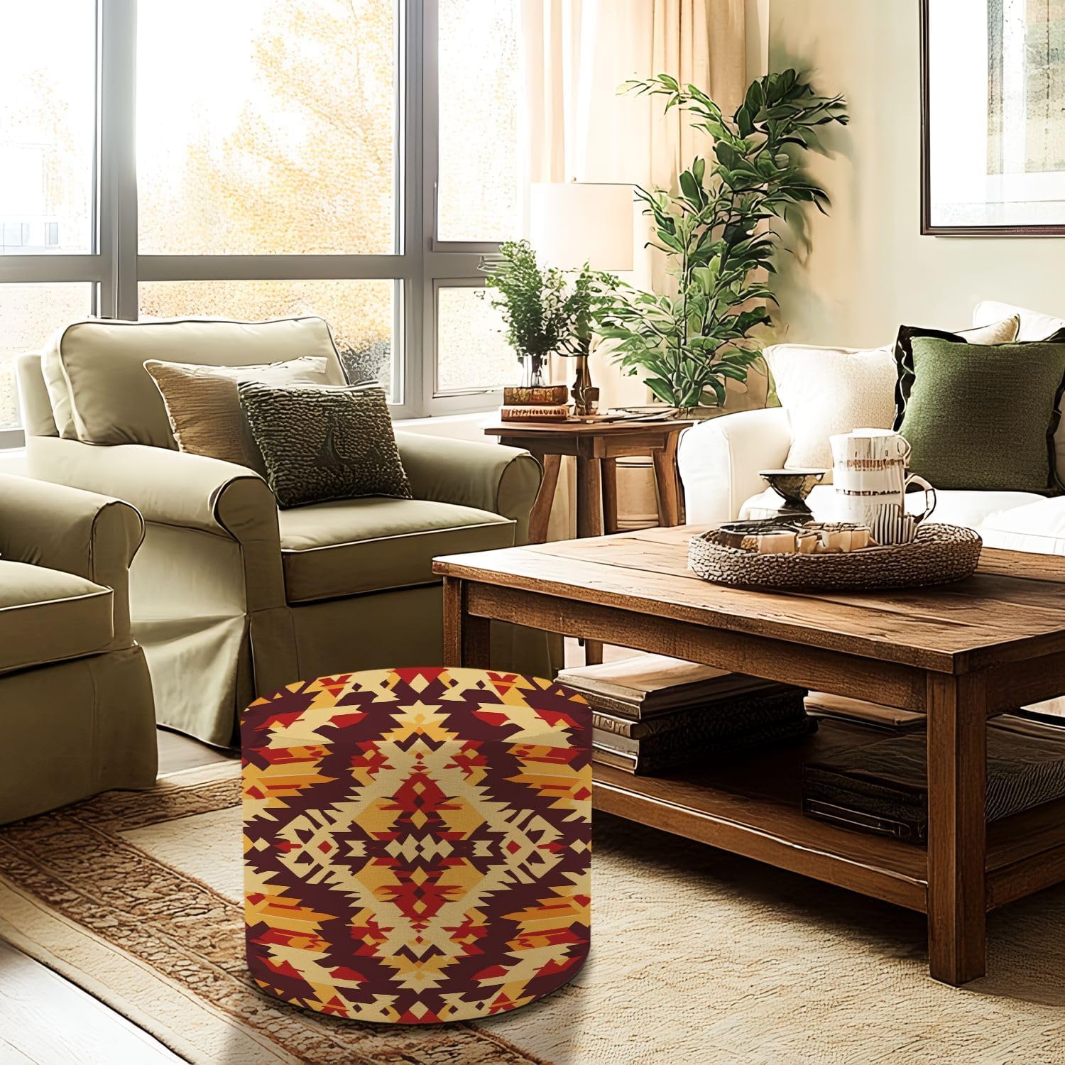 Round Pouf Ottoman Native American Southwest Aztec Navajo seamless pattern Tribal Foot Stool Foot Rest Floor Stool Bean Bag Chair Cotton Linen Removable Indoor Outdoor for Living Room Bedroom