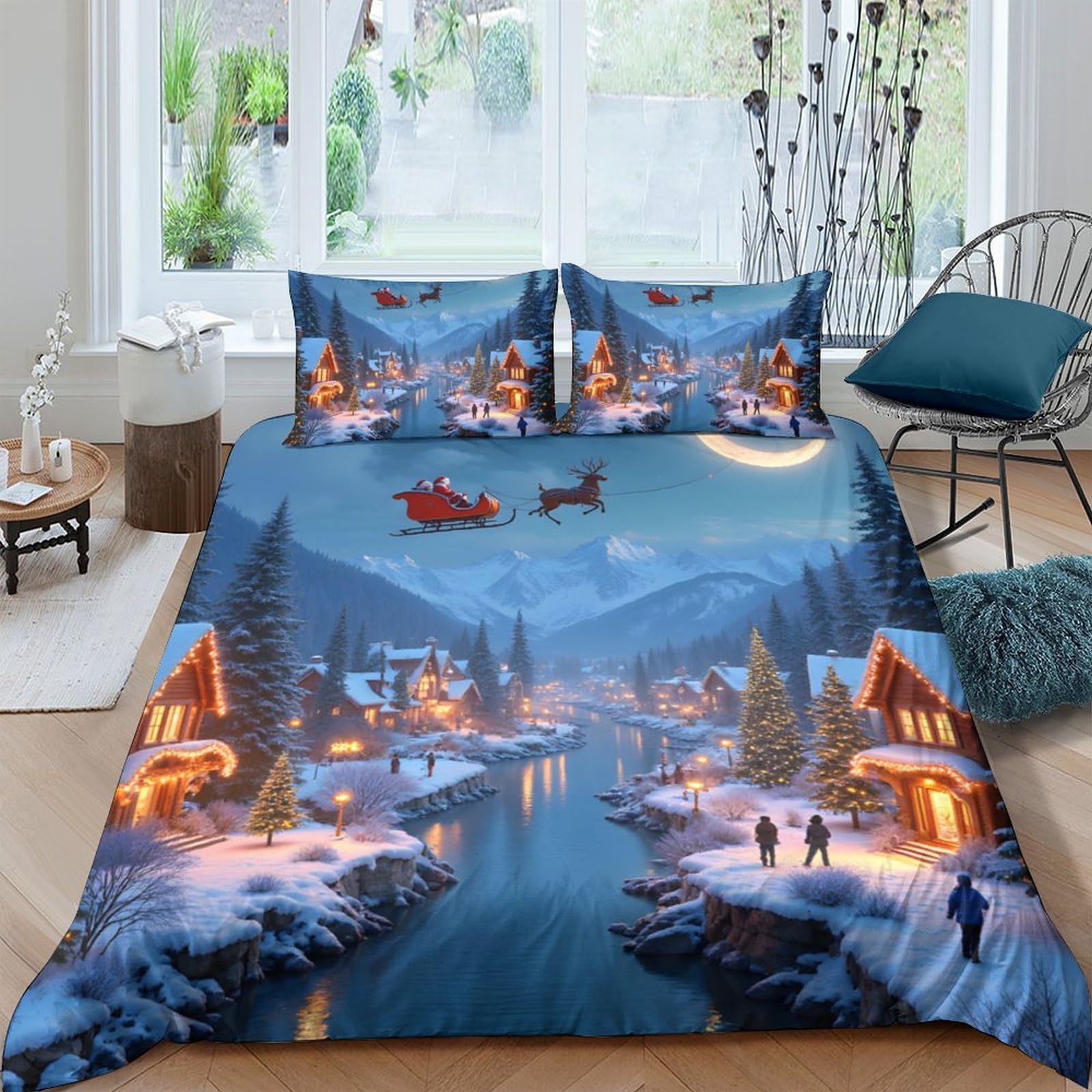 Ctjqhvkz Style-10 3D Printed Winter Village Fitted Sheet Microfiber Scenic River Bed Cover Anti-Slip Machine Washable Bedroom Decor Single（135X200cm）