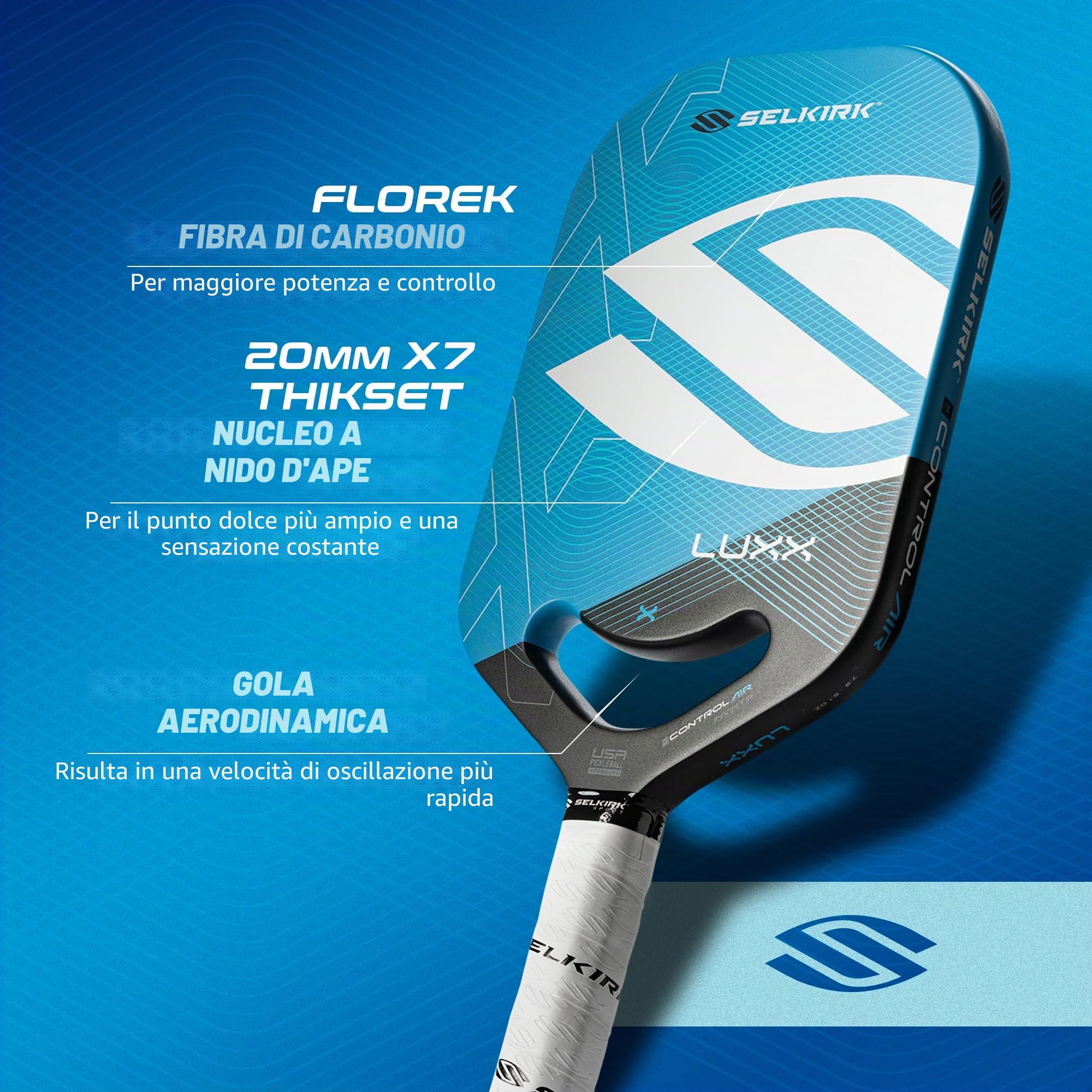 Selkirk Sport LUXX Control Pickleball Paddle | Pagaie in fibra di carbonio con nucleo in polipropilene X7 | Progettato per un controllo senza pari e una maggiore potenza