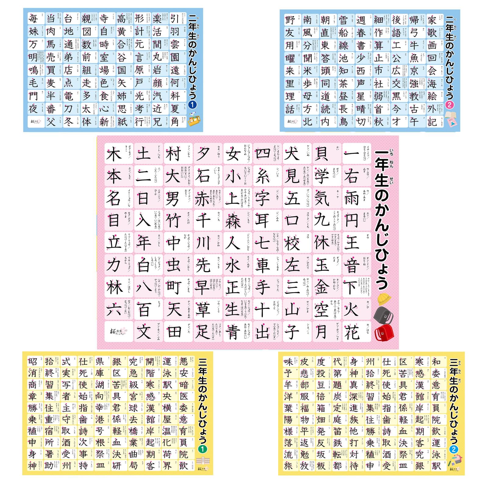 桜弥生 お風呂ポスター5枚セット小学校お受験対策学ぶ習慣が身に付く小学1年生2年生3年生学習防水知育玩具 (小学1-3年生漢字表)