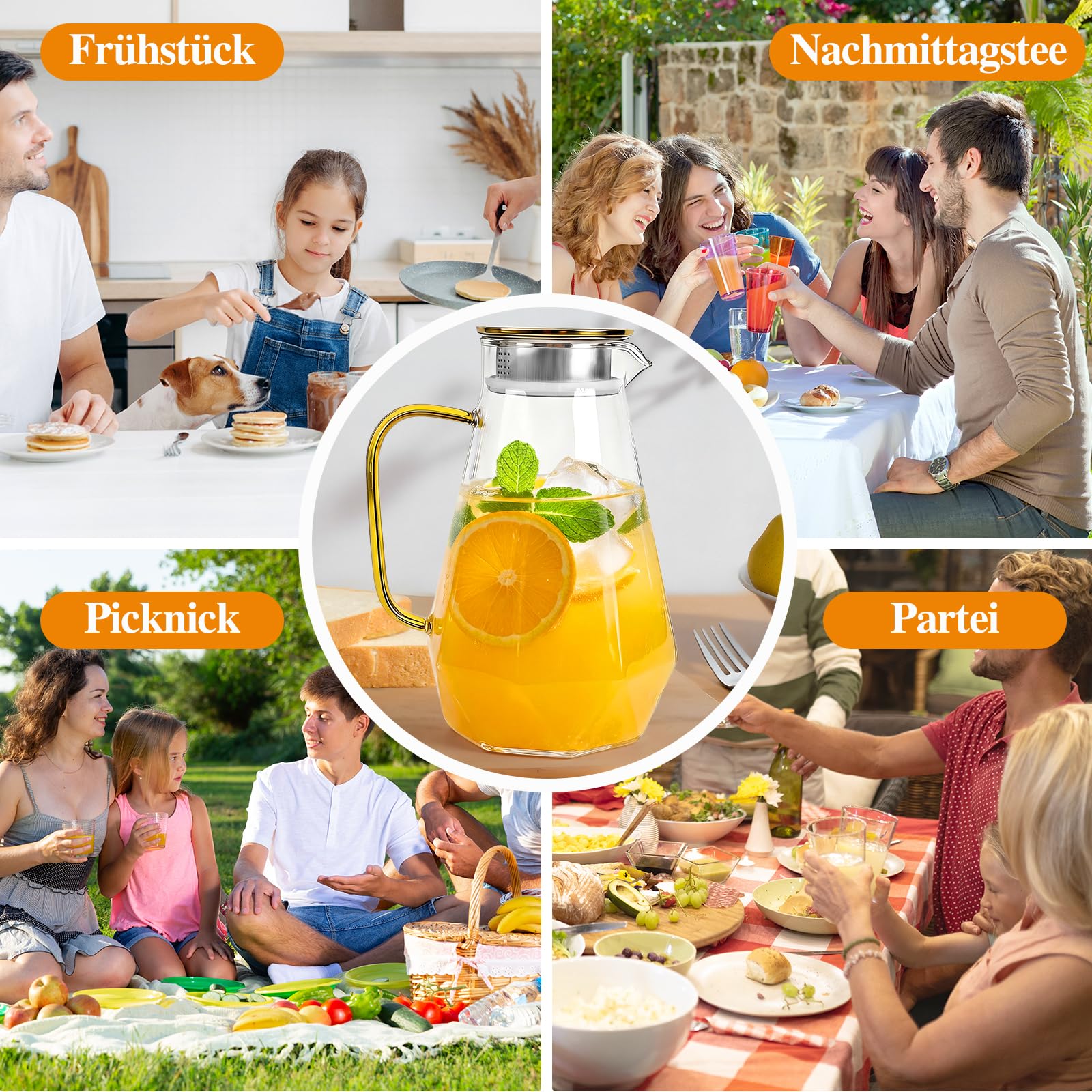 Caraffa in vetro da 2 litri, con manico e coperchio in acciaio inox dorato, brocca in vetro per acqua, succhi di frutta, latte, caffè, tè, lavabile in lavastoviglie