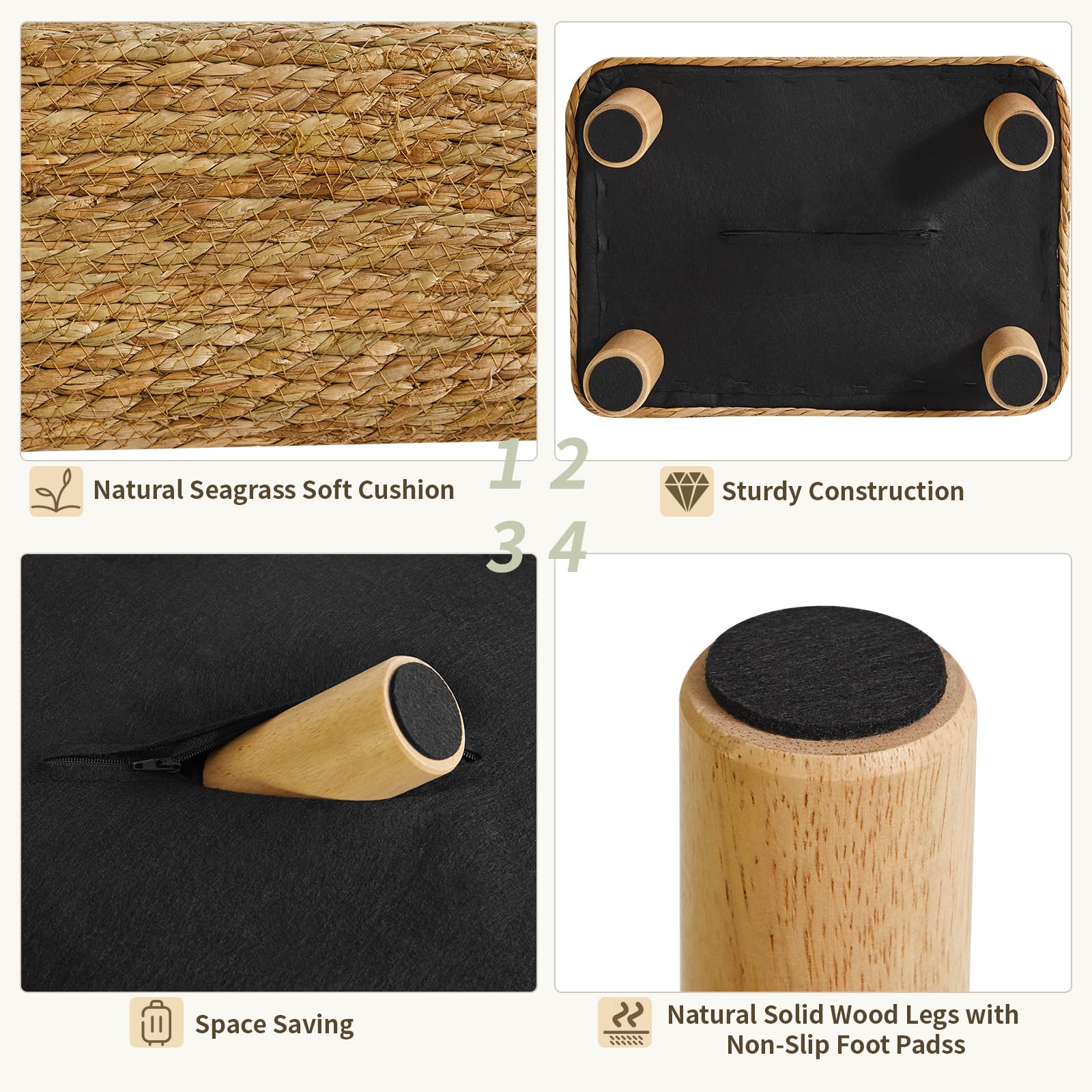 YMYNY Poggiapiedi Pouf Couch Sgabello Poggiapiedi Rettangolare In Alga Marina Naturale Multifunzionale Moderno Ottomano Divano Tavolino per Soggiorno Camera da Letto 42×30×26CM Natura HBD043N