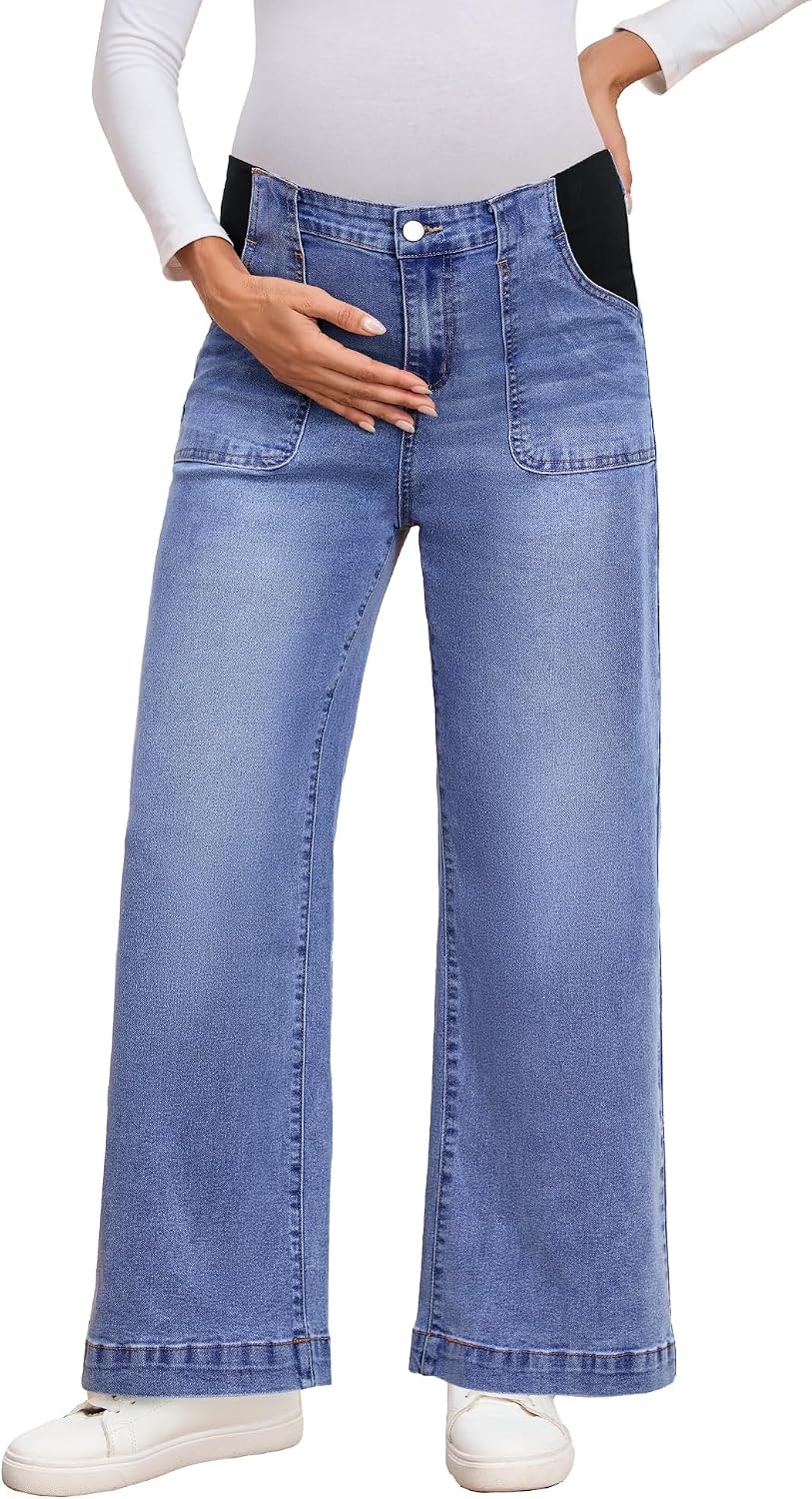 Genhoo Womens Maternity Jeans Wide Leg Side Panel Stretch Maternity Pants