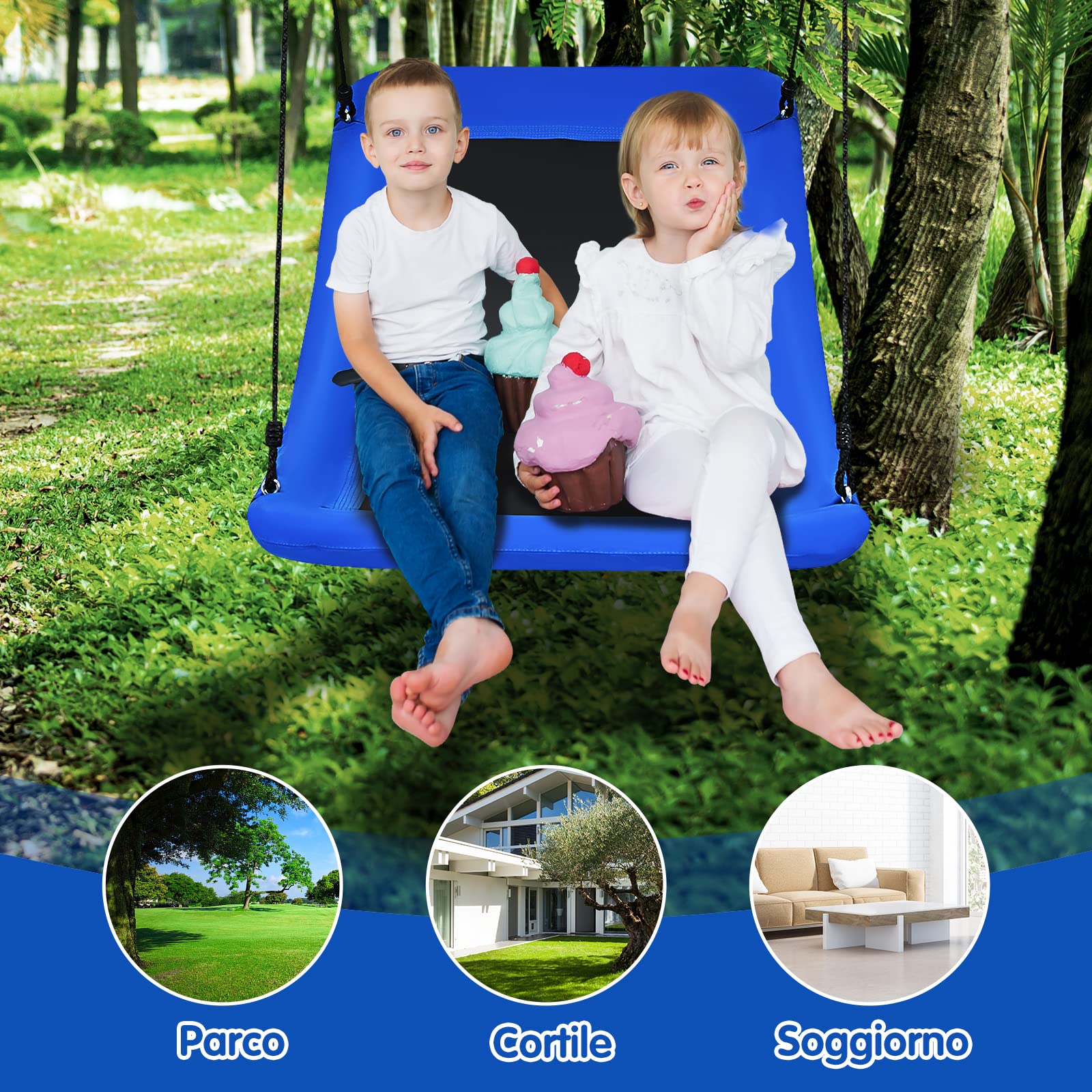 COSTWAY Altalena a Nido per Bambini Giardino, Con Telaio in Metallo, Regolabile in Altezza, Sedia Sospesa per Adulti Bambini, per Cortile Parco Giardino, Portata 150 kg (Blu)