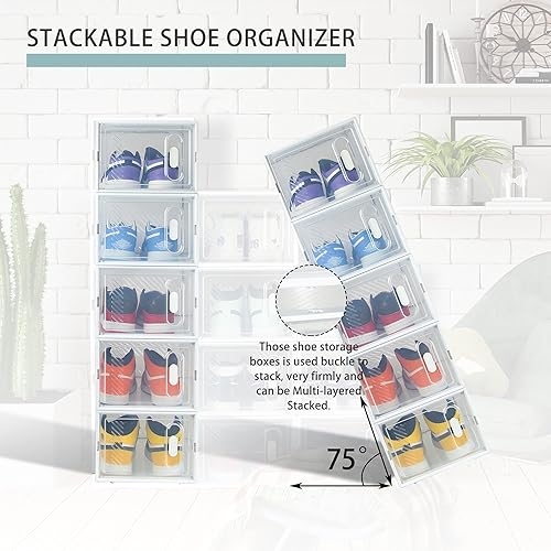 Miniatura 5 de Hrrsaki Paquete de 12 cajas de almacenamiento de zapatos cajas de plástico transparente apilables cajas organizadoras de zapatos con tapas de