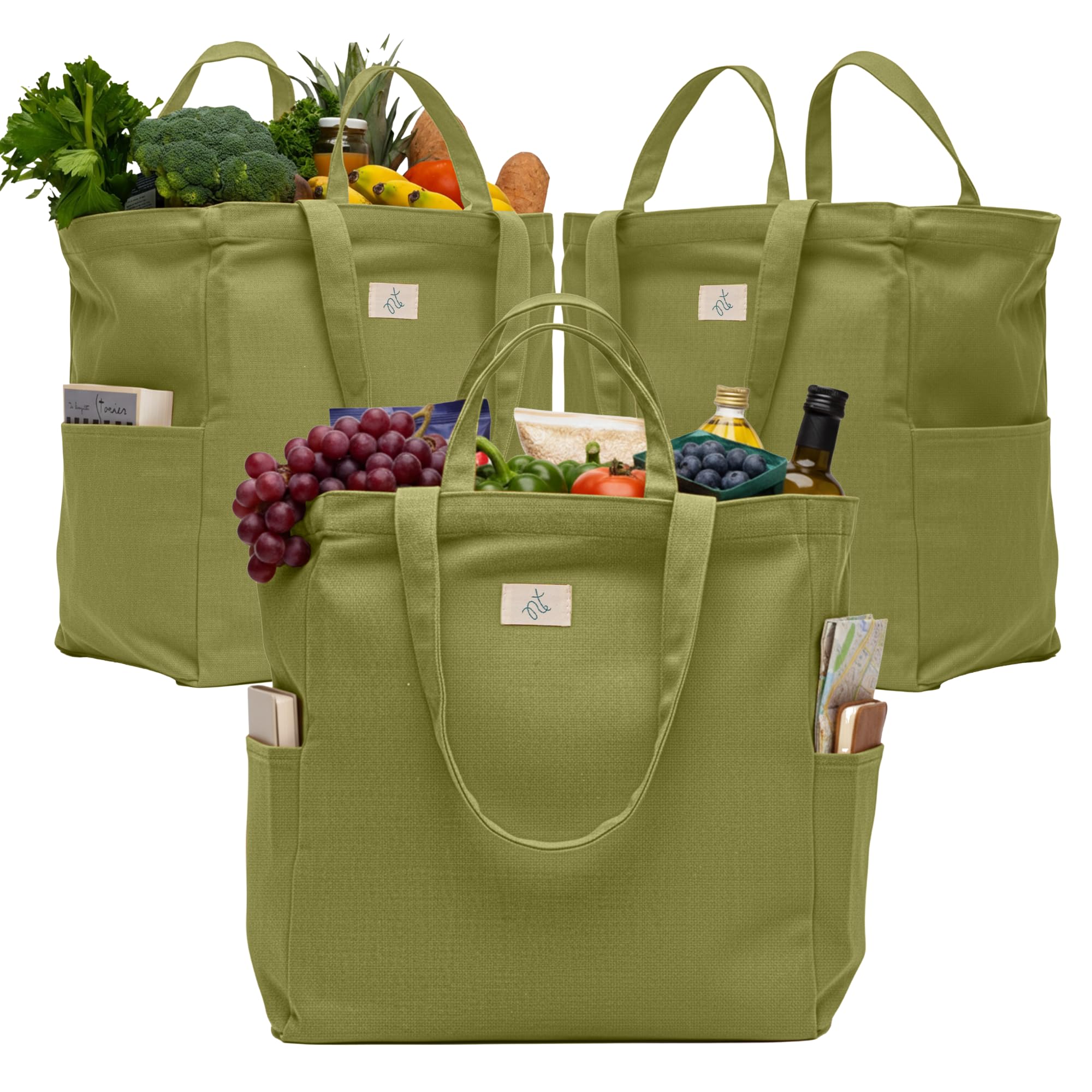 Nook Theory 3-Pack Reusable Grocery Bags - Heavy Duty, Large 12 Oz Cotton Canvas Reusable Shopping Bags With Pockets, 100% Cotton Cloth Grocery Totes, Foldable Multi Compartment (Sage)