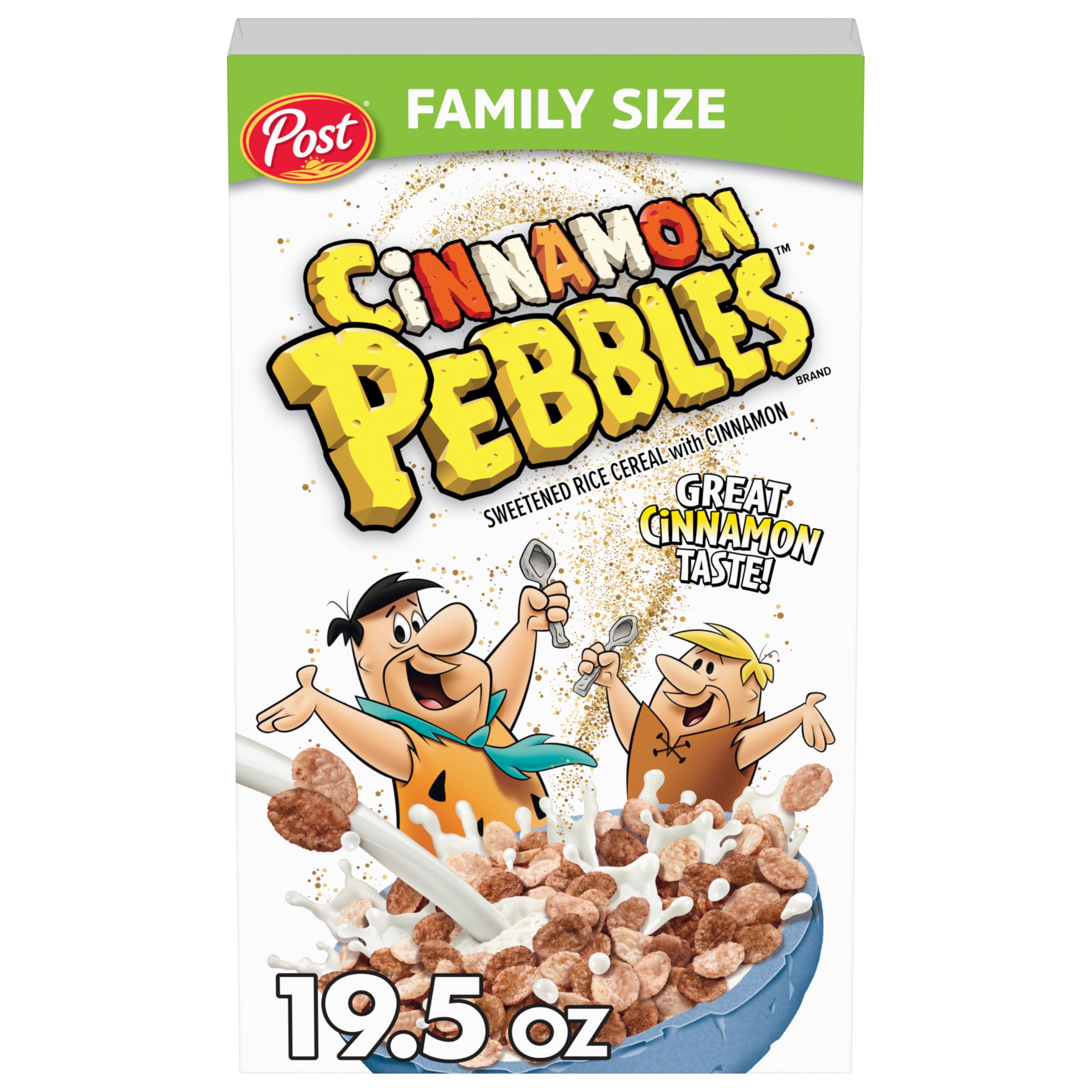 Cinnamon PEBBLES Breakfast Cereal for Kids, Gluten Free, Made with Sweetened Puffed Rice, Family Size, 19.5 oz