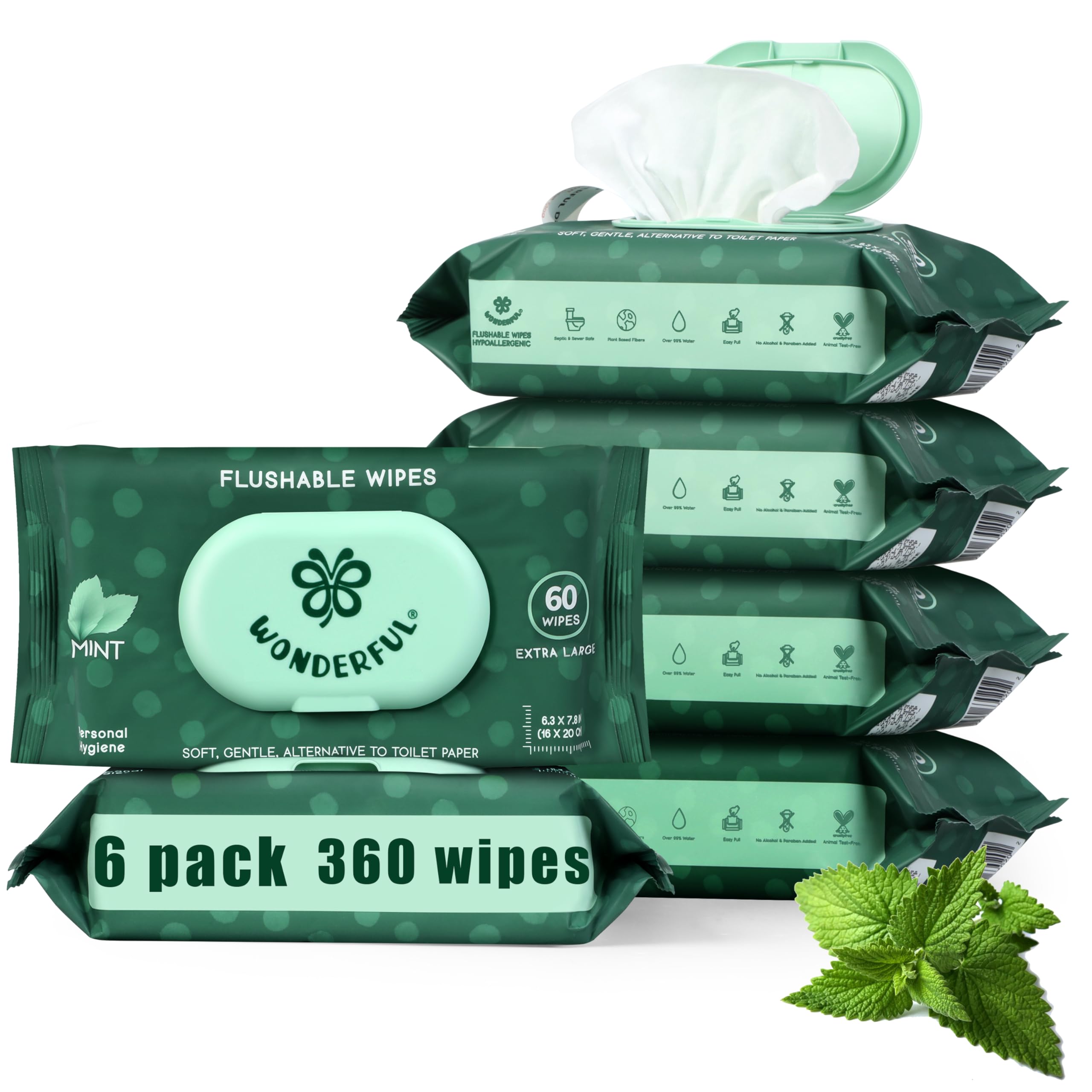WONDERFUL Flushable Wipes, Mint 100% Plant-Based Wet Butt Wipe for Adults & Kids, Sewer Septic Safe, Gentle for Sensitive Skin, Wipes Flushable Pack