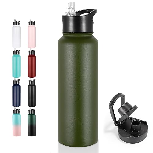 VEGOND 40 oz Insulated Water Bottle Stainless Steel Metal Water Bottles with Leak Proof Straw Lid & Spout Lid, Wide Mouth Double Walled Vacuum Travel Sports Bottle, Army Green - 40 Ounces - Army Green