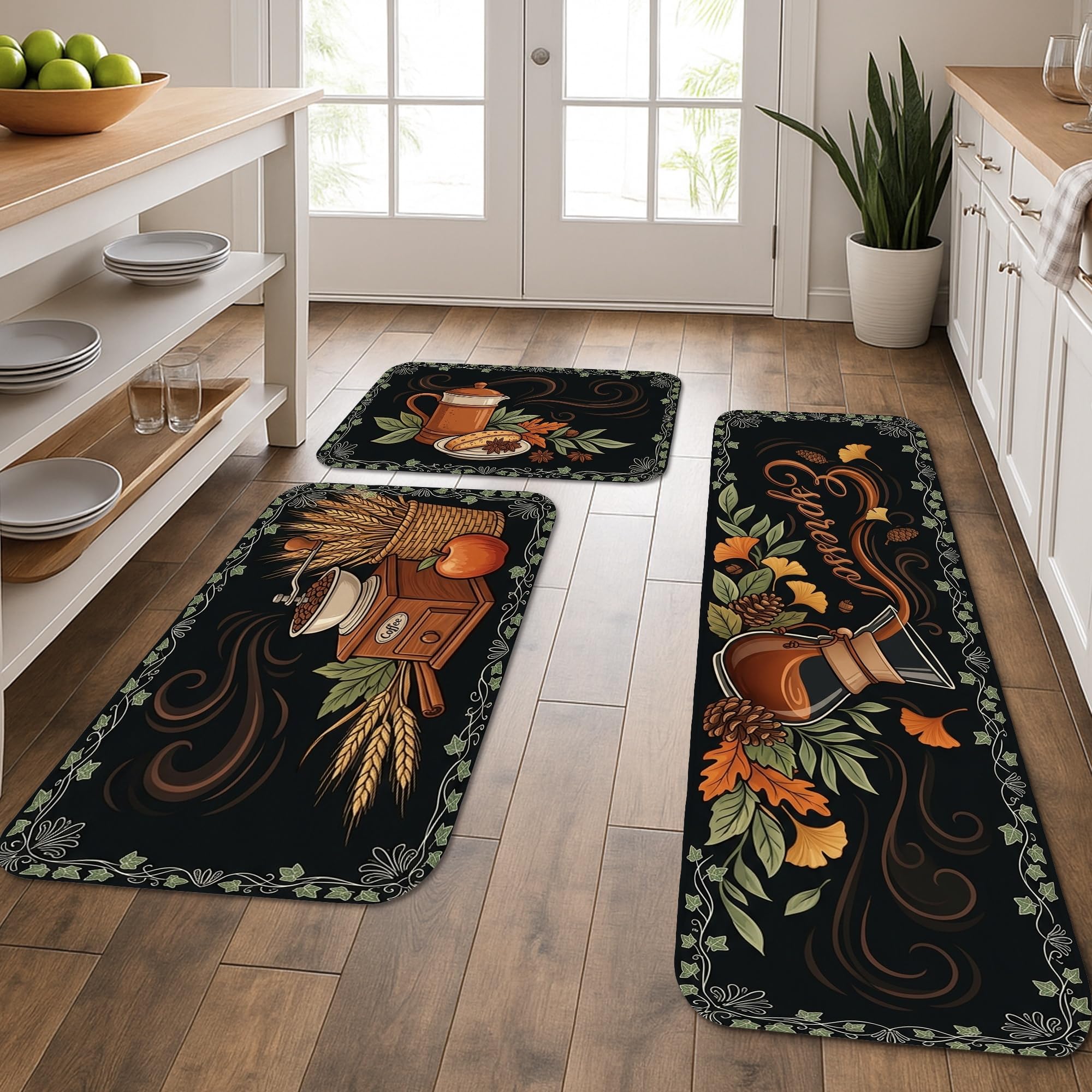 Tapis de cuisine pour évier et buanderie style rustique noir lot de 3
