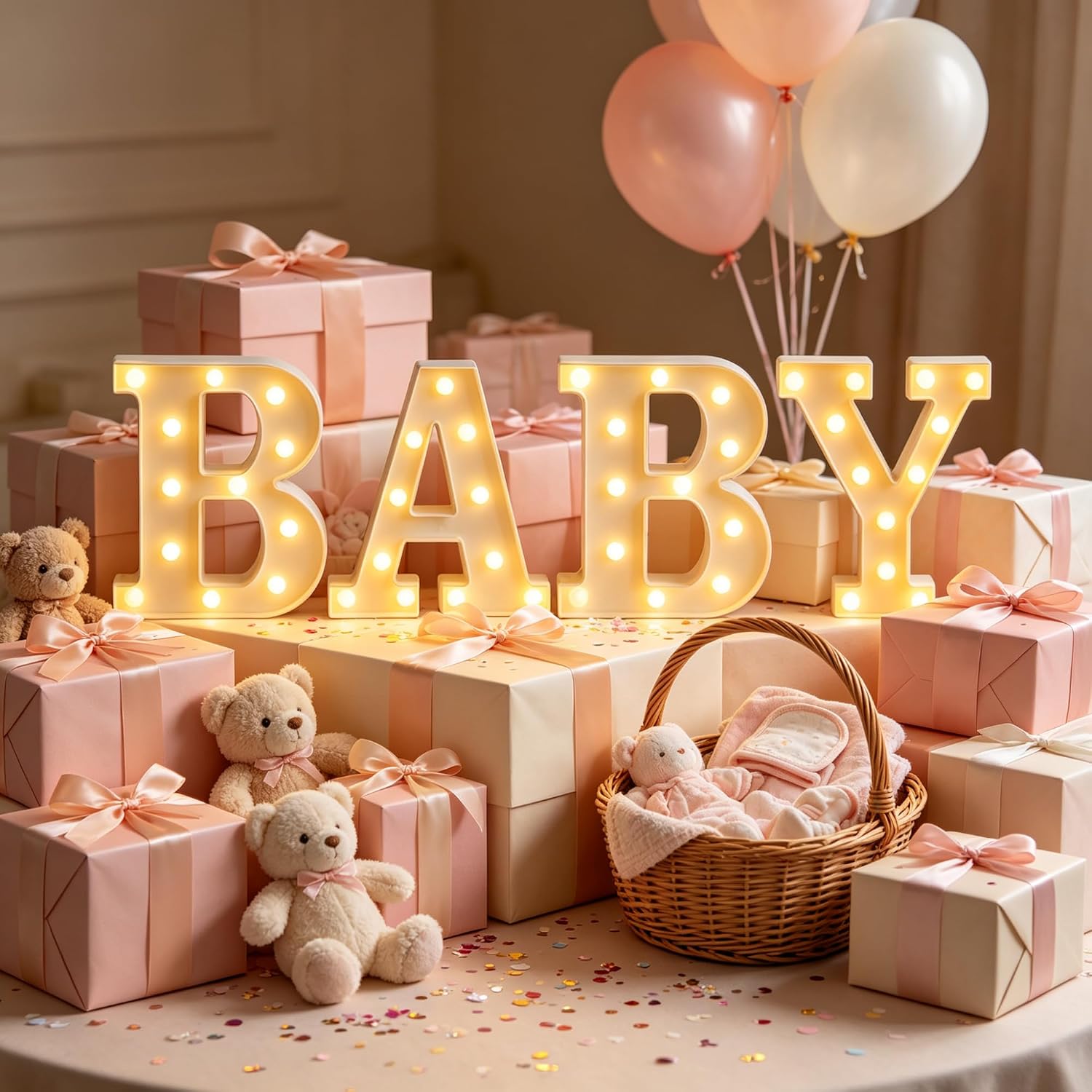 4 LED Baby Marquee Logo Light, Warm White Glowing Letters Perfect for Baby Shower Party, Birthday Party, Home Bedroom Nursery Table Wall Decor