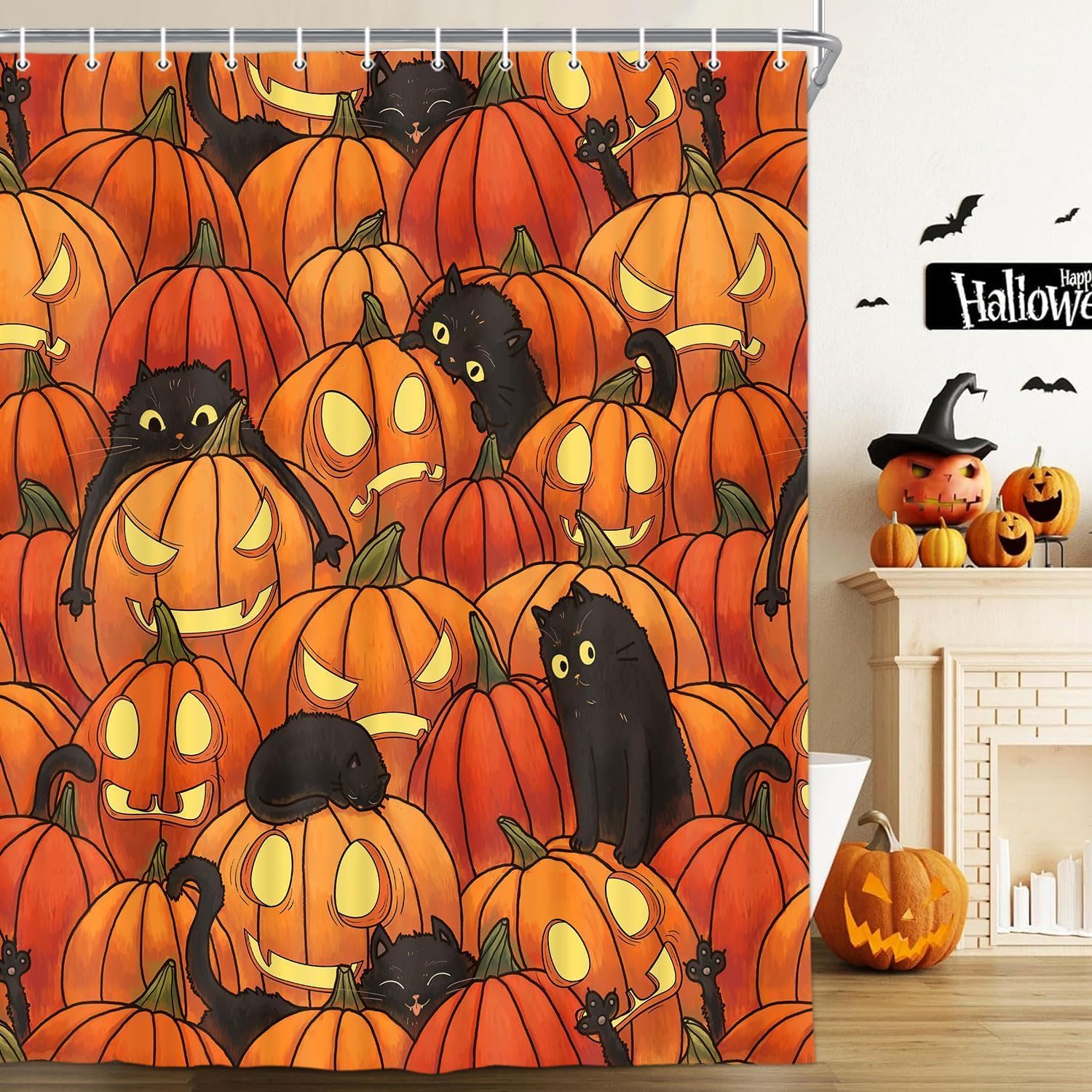 Funny Cat Shower Curtains Fall Decor, Happy Halloween Pumpkins Shower Curtain for Bathroom Black Cats, Colorful Fall Autumn Halloween Bathtub Curtain Hocus Pocus Bathroom Decor Set with Hooks 70X75IN