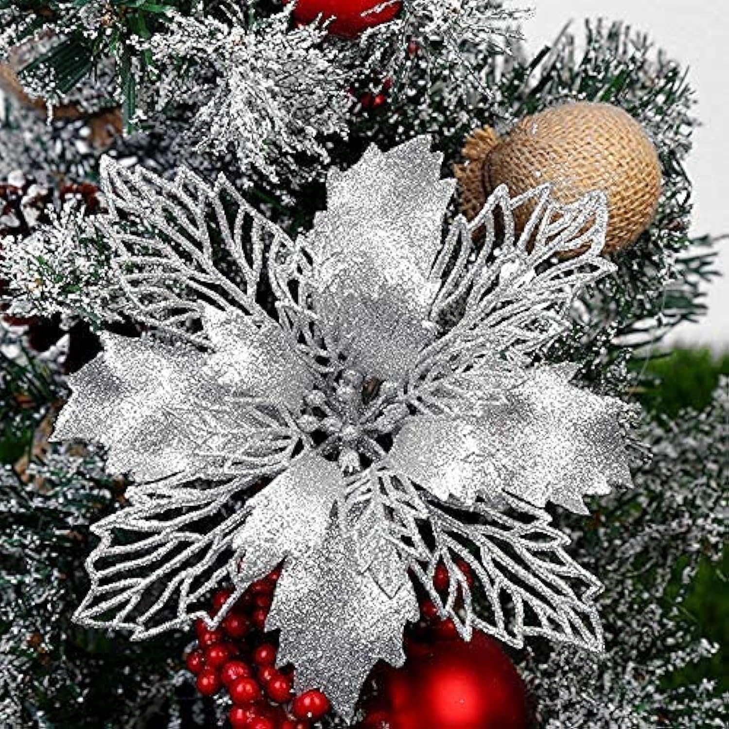 FUSU Pack of 12 Glitter Artificial Poinsettia Flowers Christmas Wreath Christmas Tree Flowers Ornaments 6’’(16cm) Diameter with 12 Pcs Green Soft Stings (Silver)
