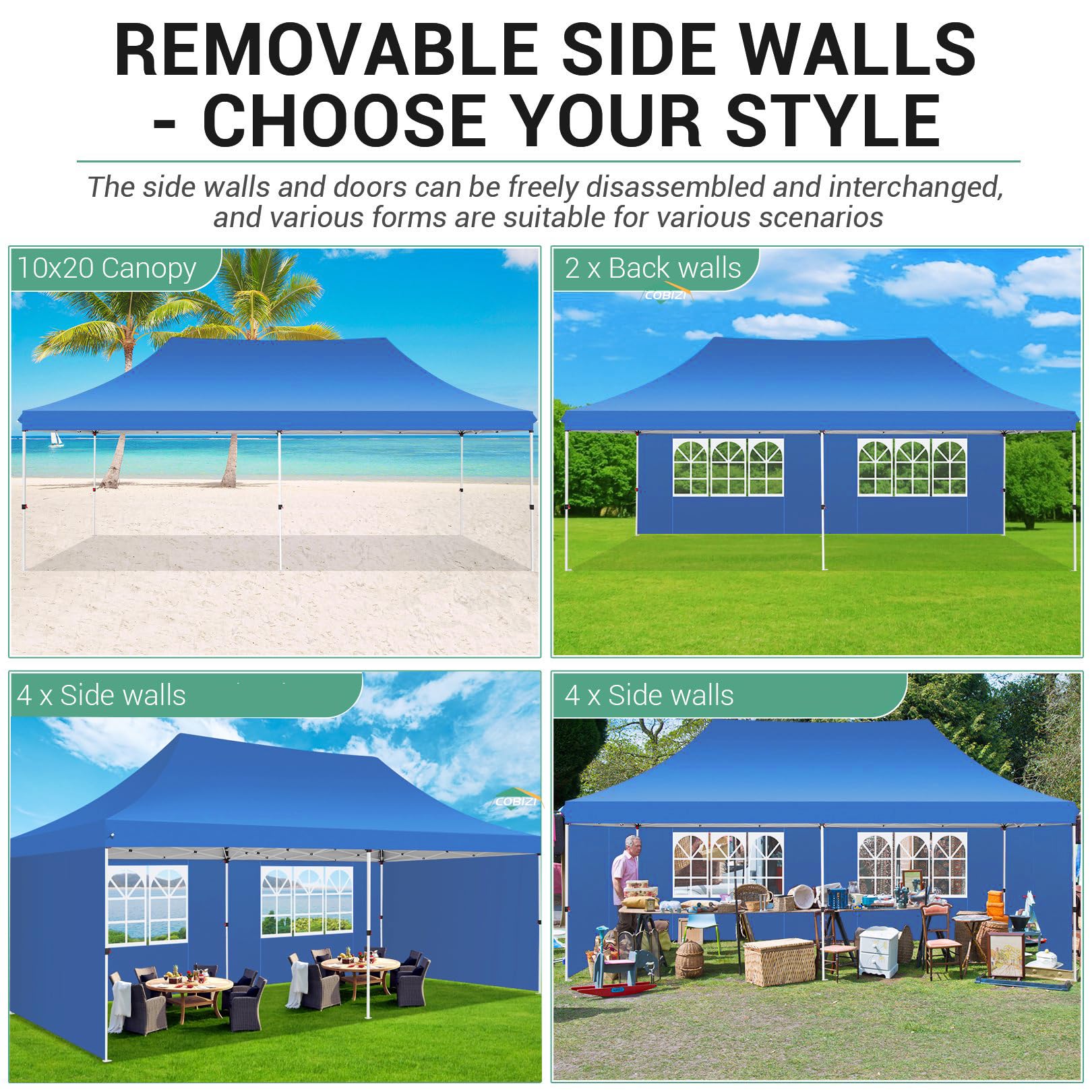COBIZI 10x20 Pop Up Canopy Tent With 6 Sidewalls - Waterproof & UV Protected (Upgraded Frame)
